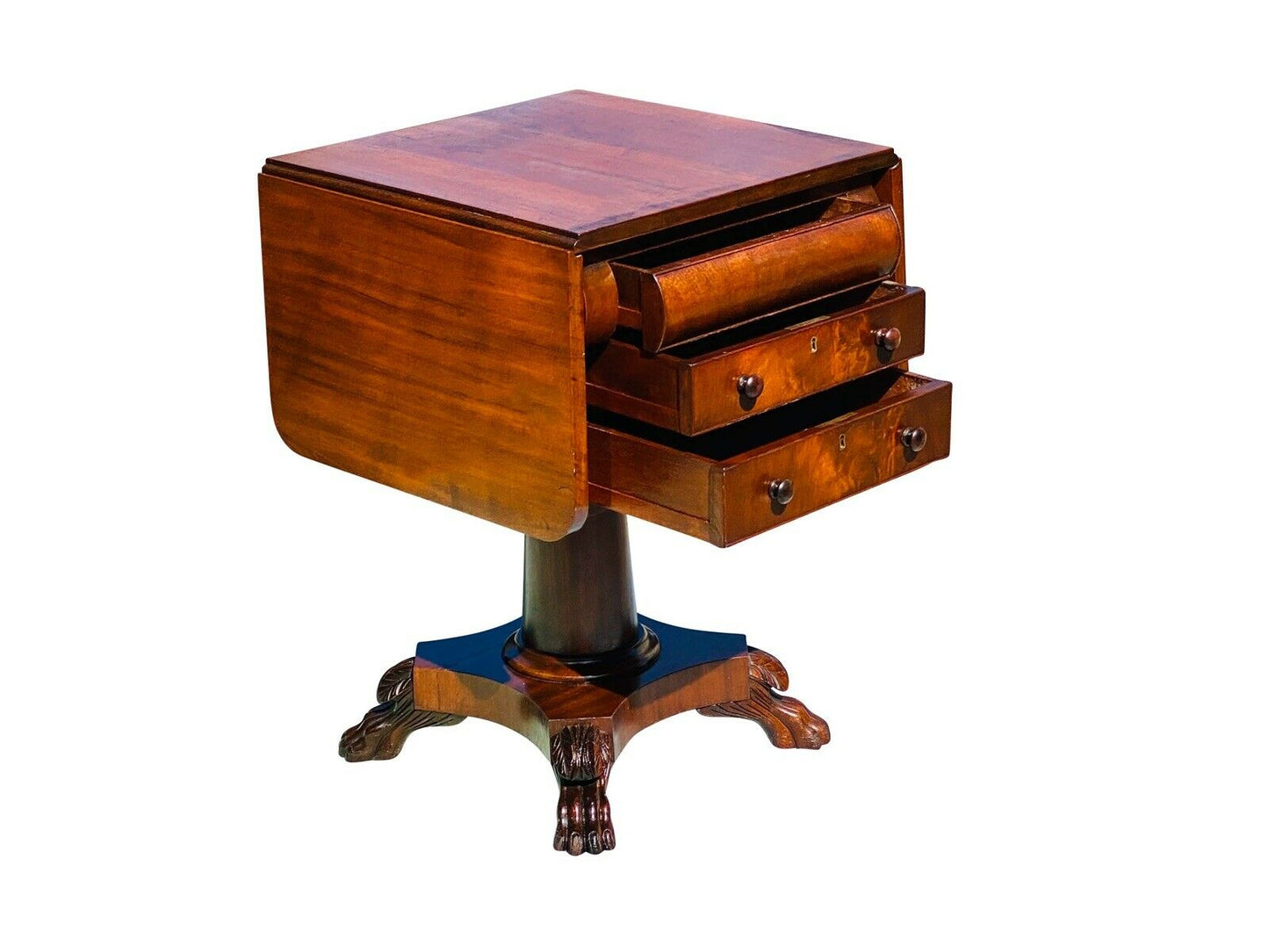 19TH C ANTIQUE AMERICAN EMPIRE MAHOGANY 3 DRAWER WORK TABLE / NIGHTSTAND