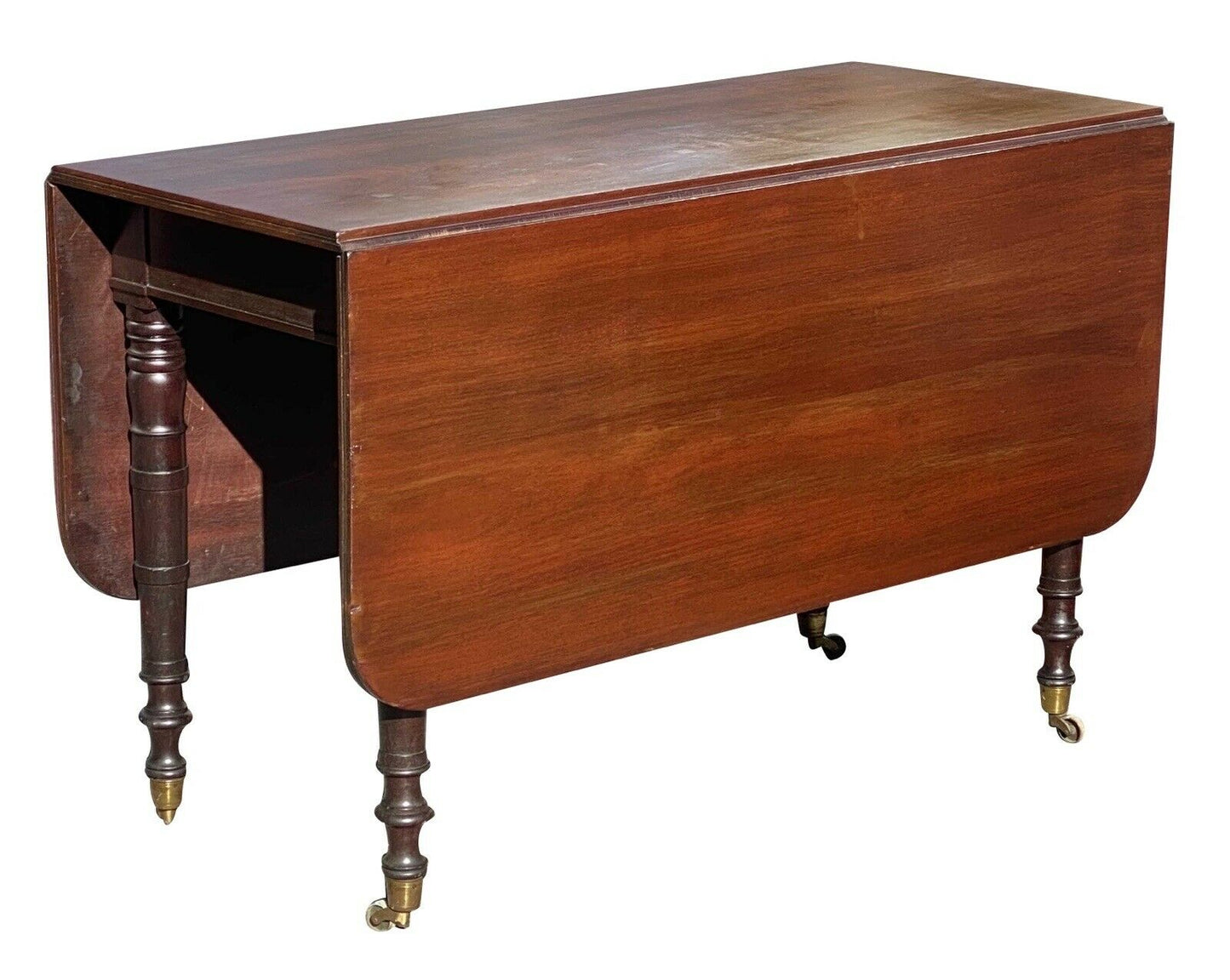 19th C Antique Sheraton Boston Mahogany Drop Leaf Dining Table