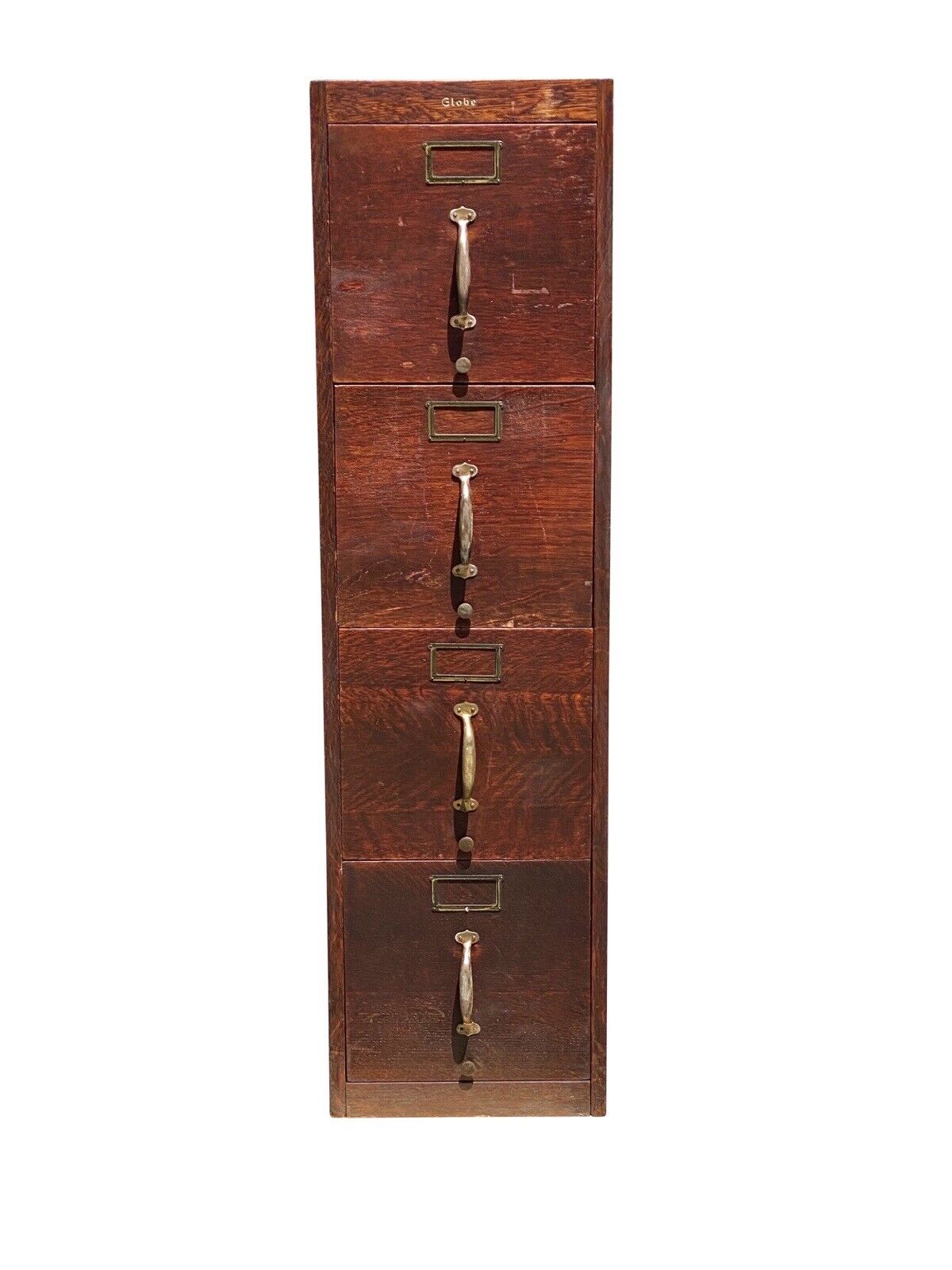 20th C Antique Arts & Crafts 4 Drawer Tiger Oak Globe Wood File Cabinet