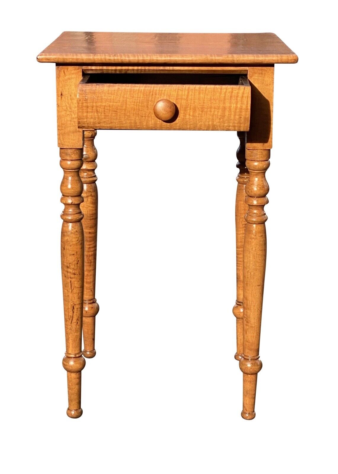 19th C Antique New England Sheraton Tiger Maple Single Drawer Stand / End Table