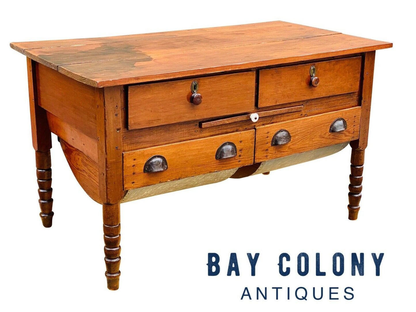 19TH C ANTIQUE VICTORIAN SOUTHERN YELLOW PINE SOW BELLY KITCHEN / BAKERS TABLE