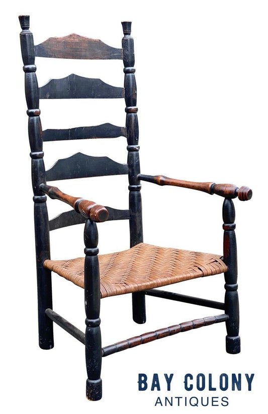 18th C Antique New England Queen Anne Black Painted Ladder Back Armchair