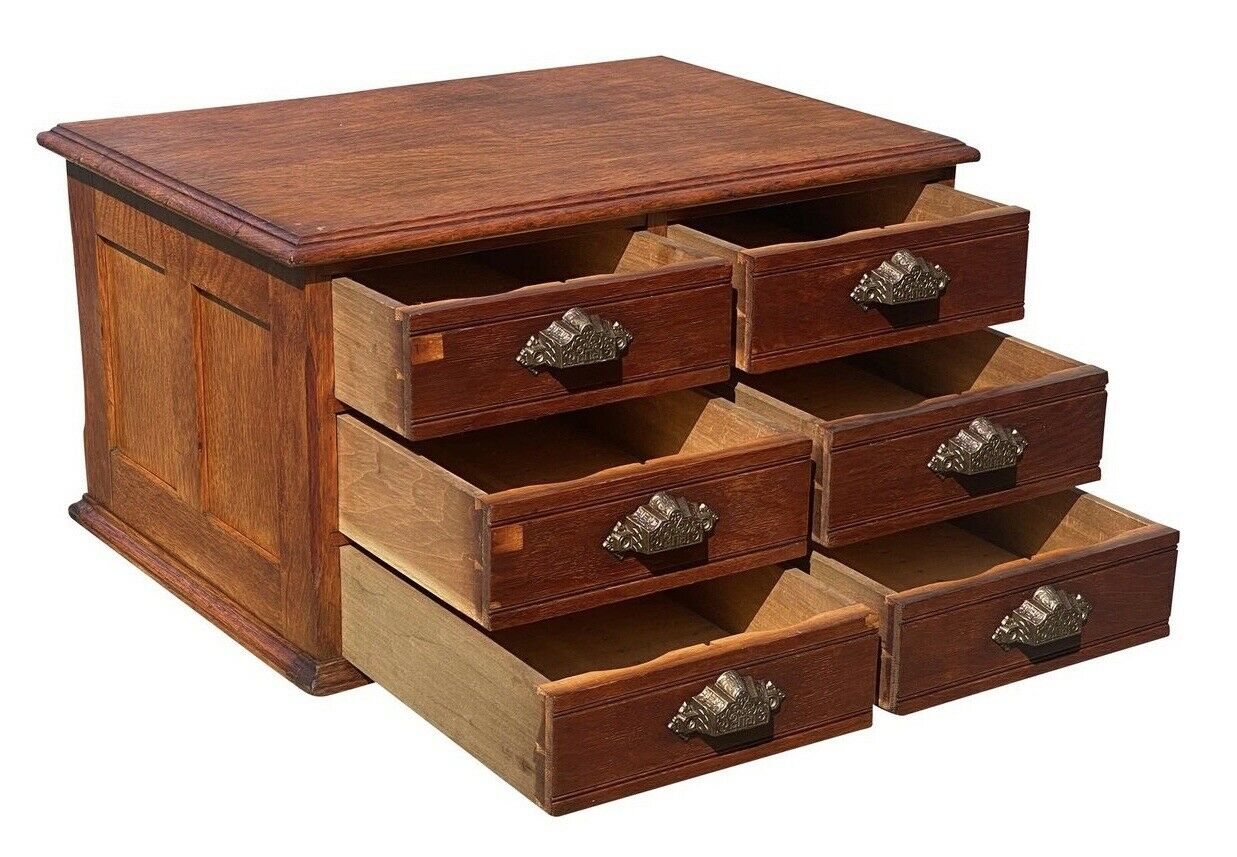19TH C ANTIQUE VICTORIAN TIGER OAK 6 DRAWER DESKTOP FILE CABINET / SPOOL CABINET