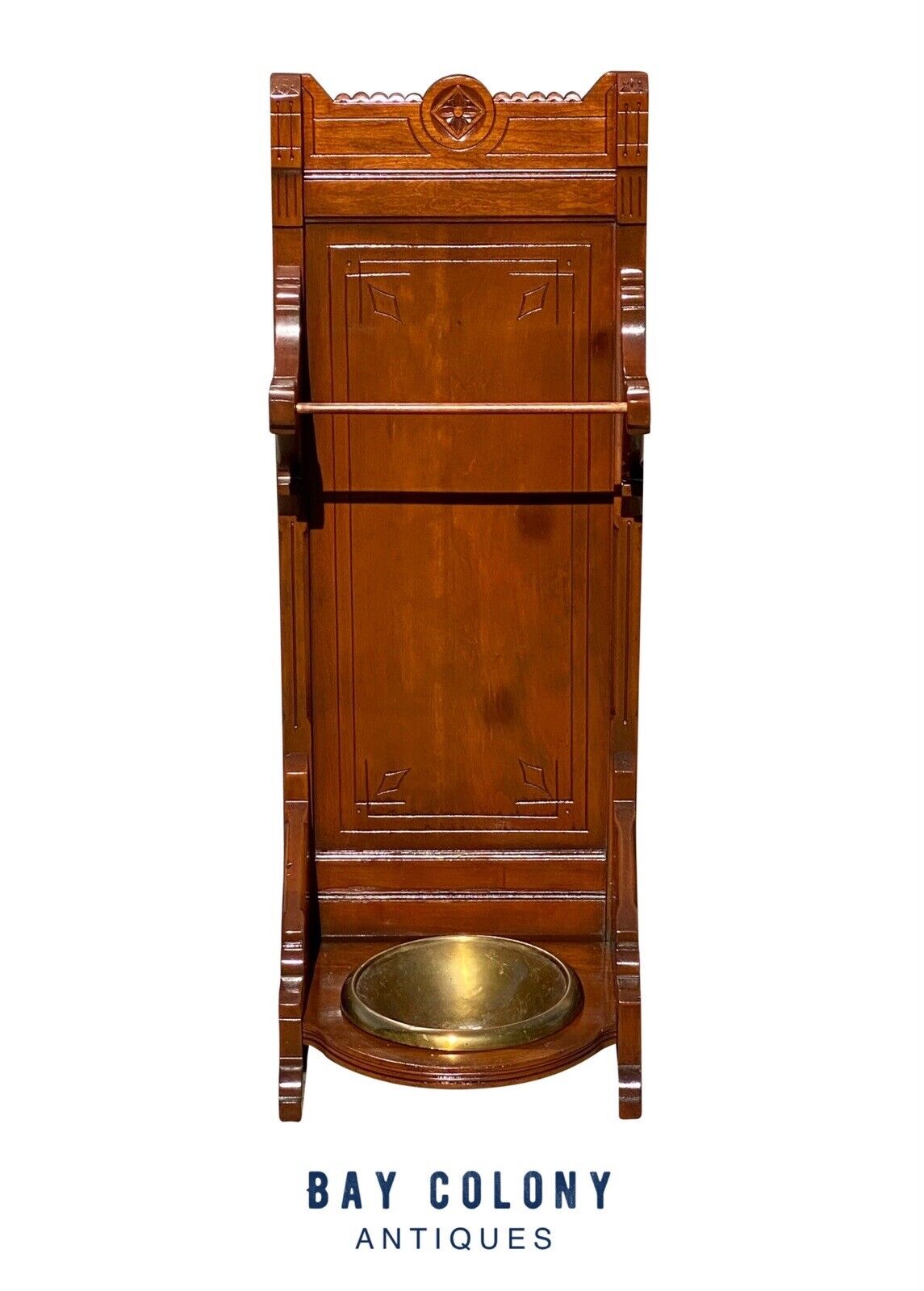 Antique Eastlake Victorian Cherry Umbrella Stand With Original Brass Water Basin