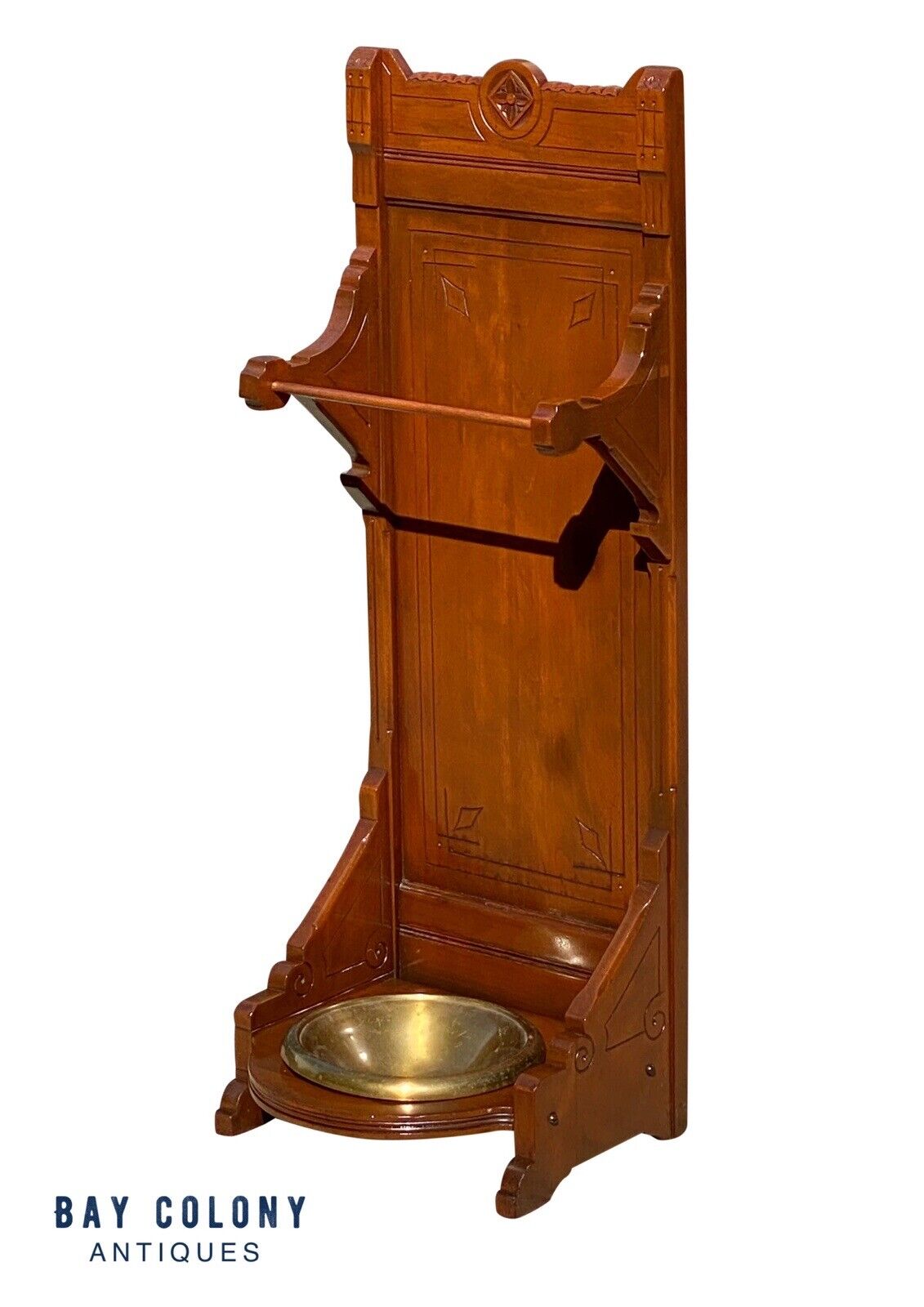 Antique Eastlake Victorian Cherry Umbrella Stand With Original Brass Water Basin