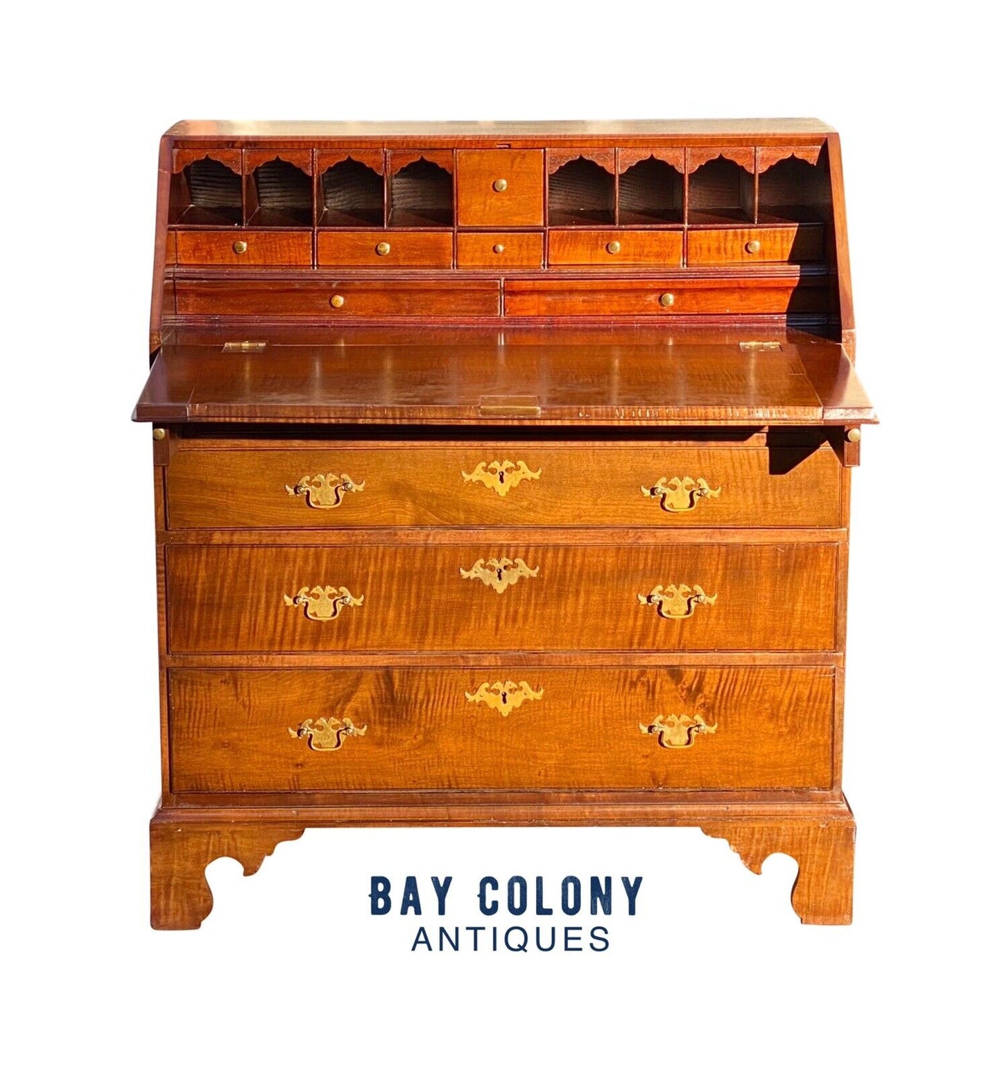 20th C Chippendale Antique Style Tiger Maple Slant Lid Desk With Hidden Drawer