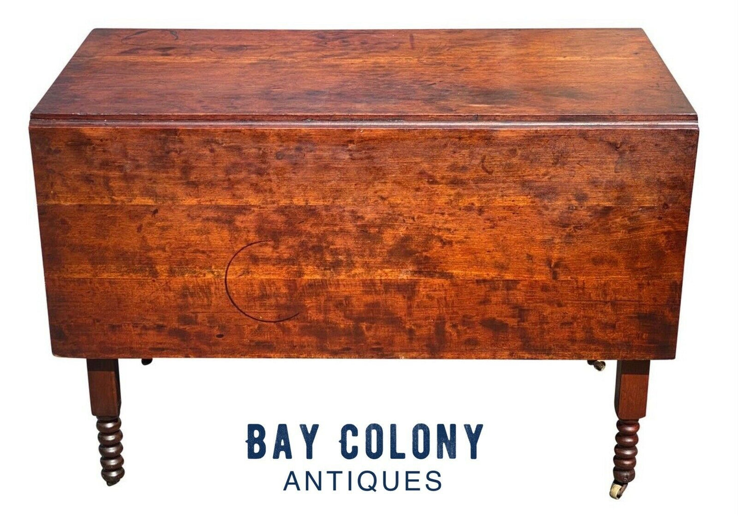 19TH C ANTIQUE SHERATON FIGURED CHERRY DROP LEAF DINING TABLE  W/ SPOOL CARVINGS