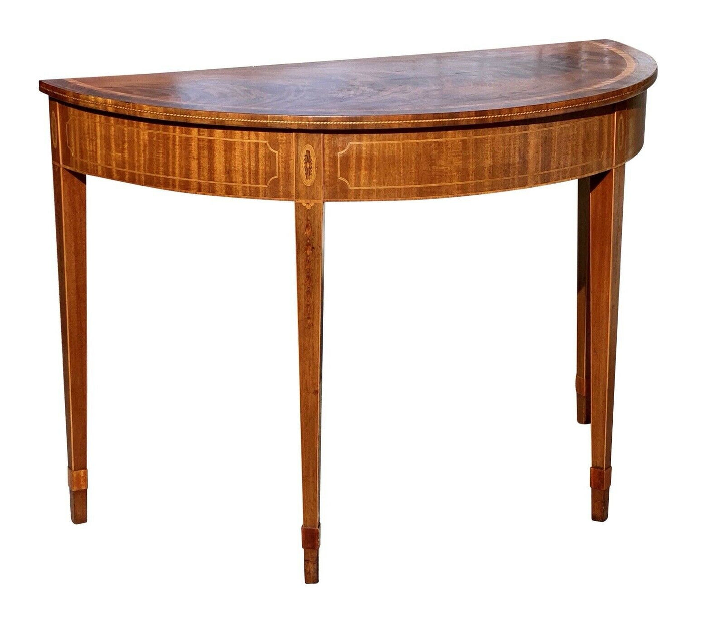 20th C Antique Mahogany Demilune Console Table W/ Satinwood Bellflower Inlays