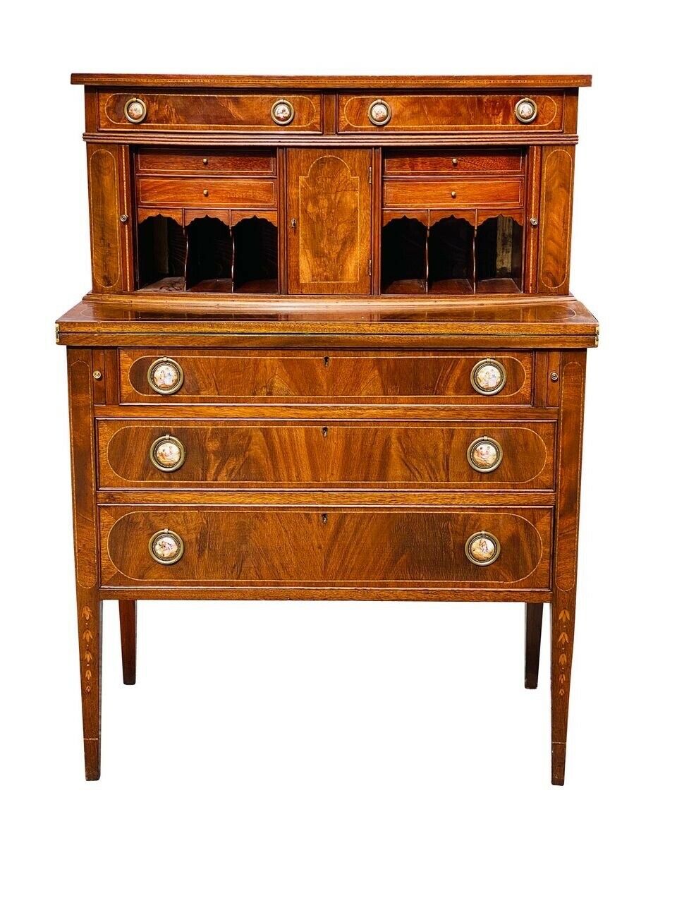 20TH C FEDERAL ANTIQUE STYLE BOSTON MAHOGANY LADIES TAMBOUR SECRETARY DESK