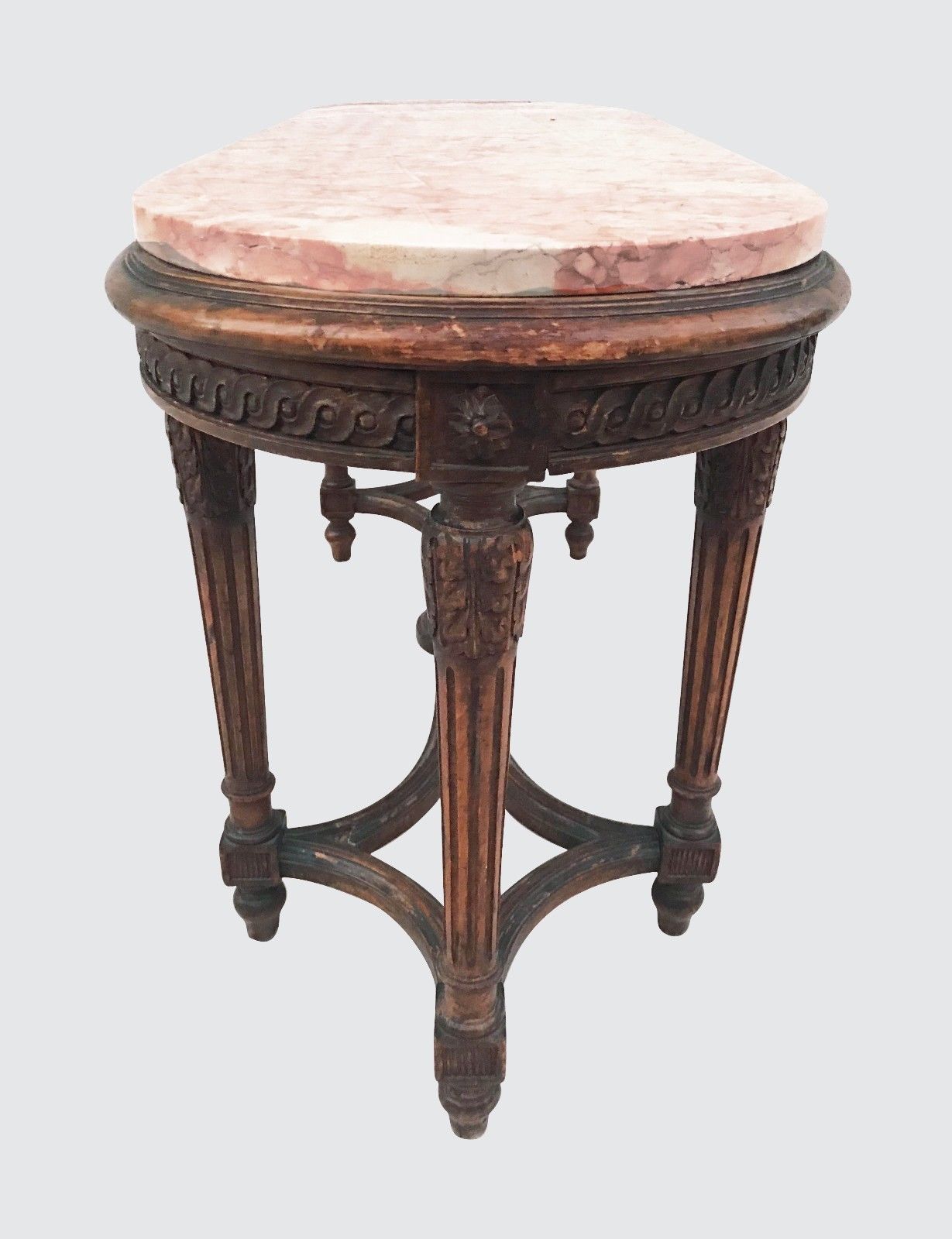 FRENCH STYLED CARVED OAK MARBLE TOPPED WINDOW BENCH TABLE