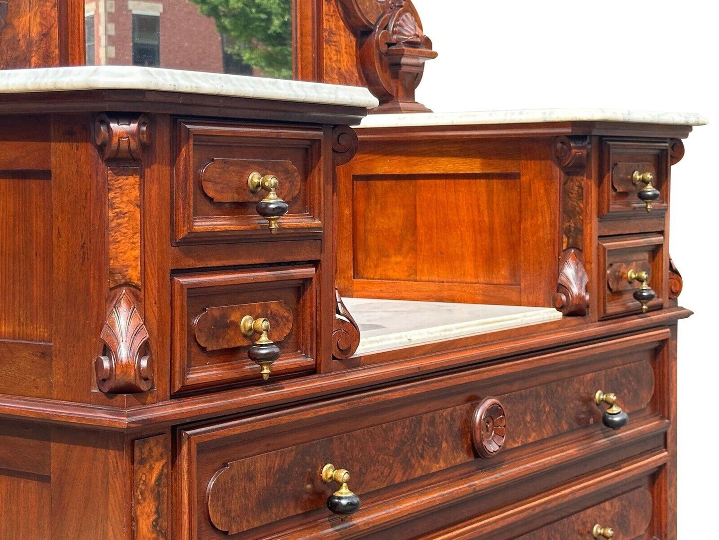 Antique Victorian Burled Walnut Marble Top Dresser With Fine Shell Carved Mirror