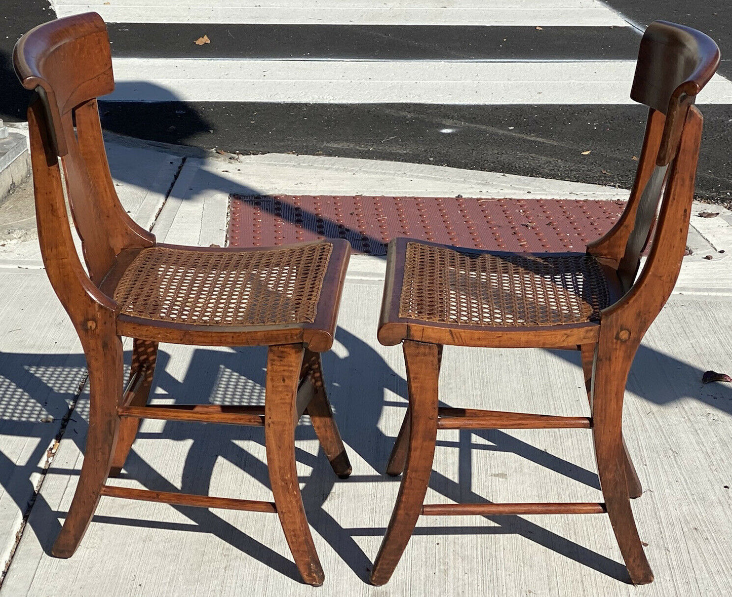 19th C Antique Pair of Tiger Maple & Birds Eye Maple Sabre Leg Dining Chairs