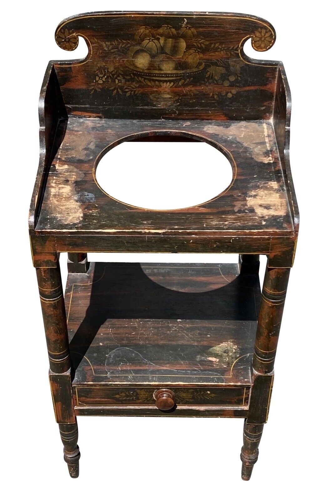 19th C Antique New England Sheraton Fancy Paint Wash Stand - Black & Red