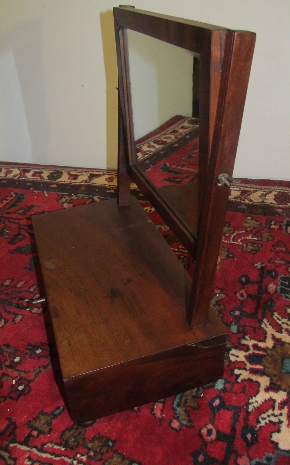 FEDERAL PERIOD MAHOGANY SHAVING MIRROR W/DRAWER, LOCK & TINY BUN FEET