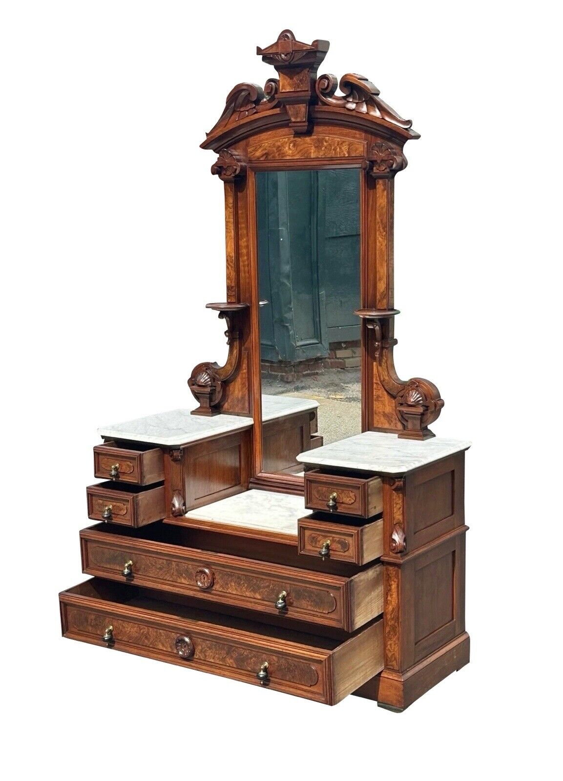 Antique Victorian Burled Walnut Marble Top Dresser With Fine Shell Carved Mirror