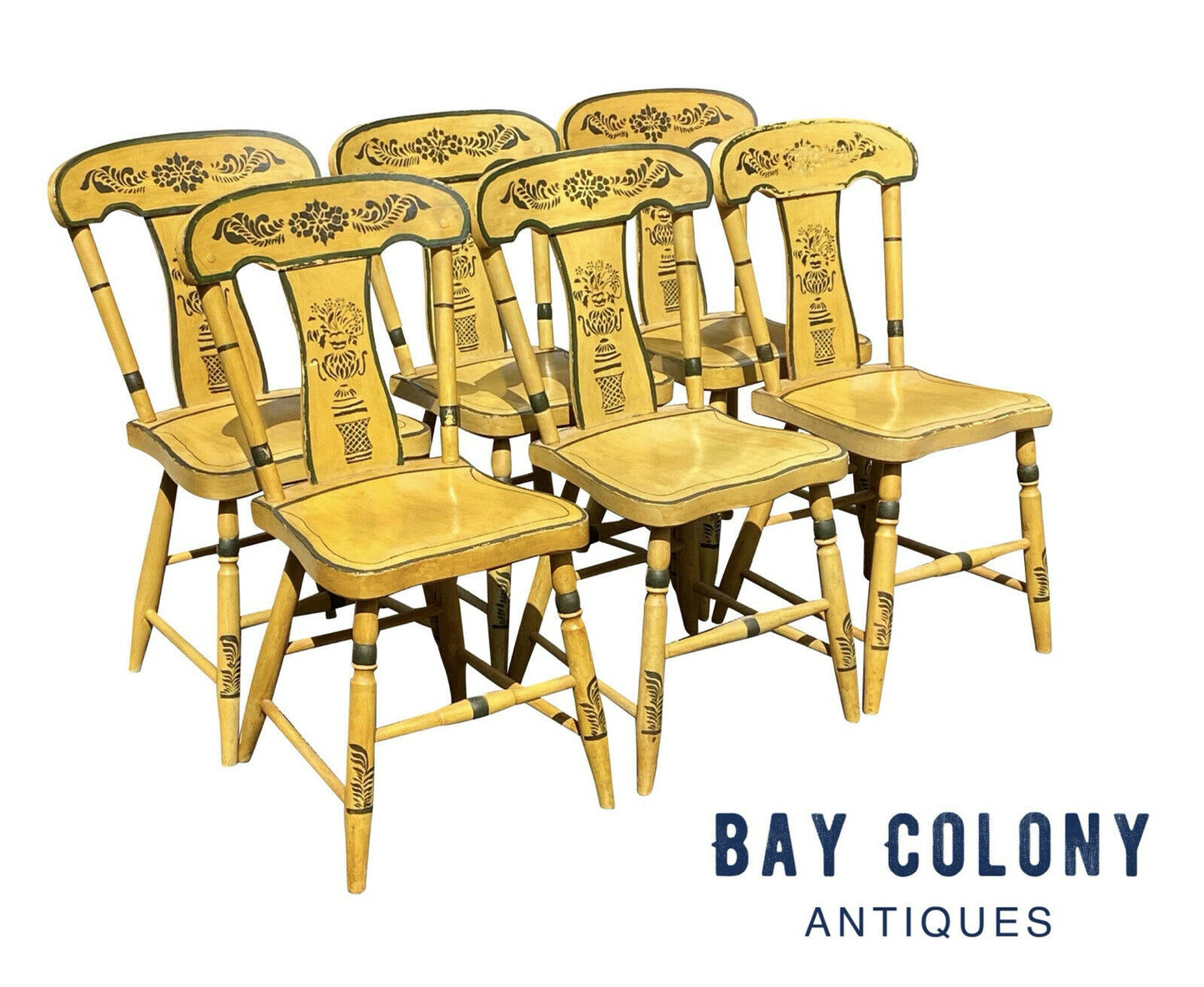19TH C ANTIQUE SET OF 6 COUNTRY SHERATON YELLOW FANCY PAINT DINING CHAIRS
