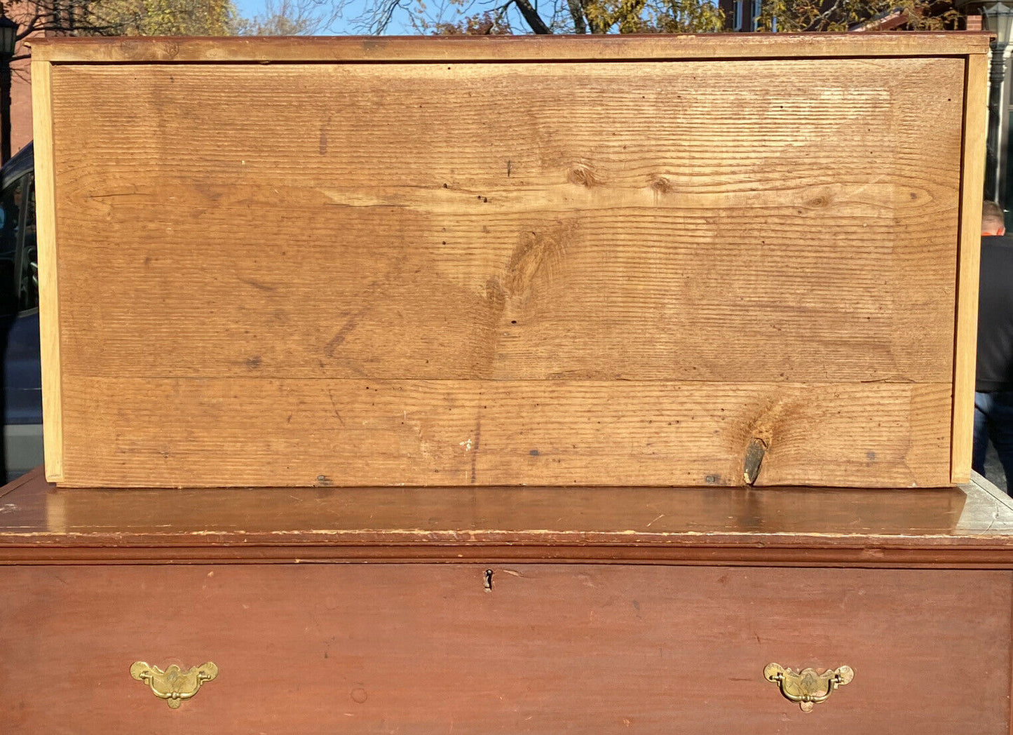 18TH C ANTIQUE QUEEN ANNE PERIOD RED WASH 2 DRAWER LIFT TOP BLANKET BOX