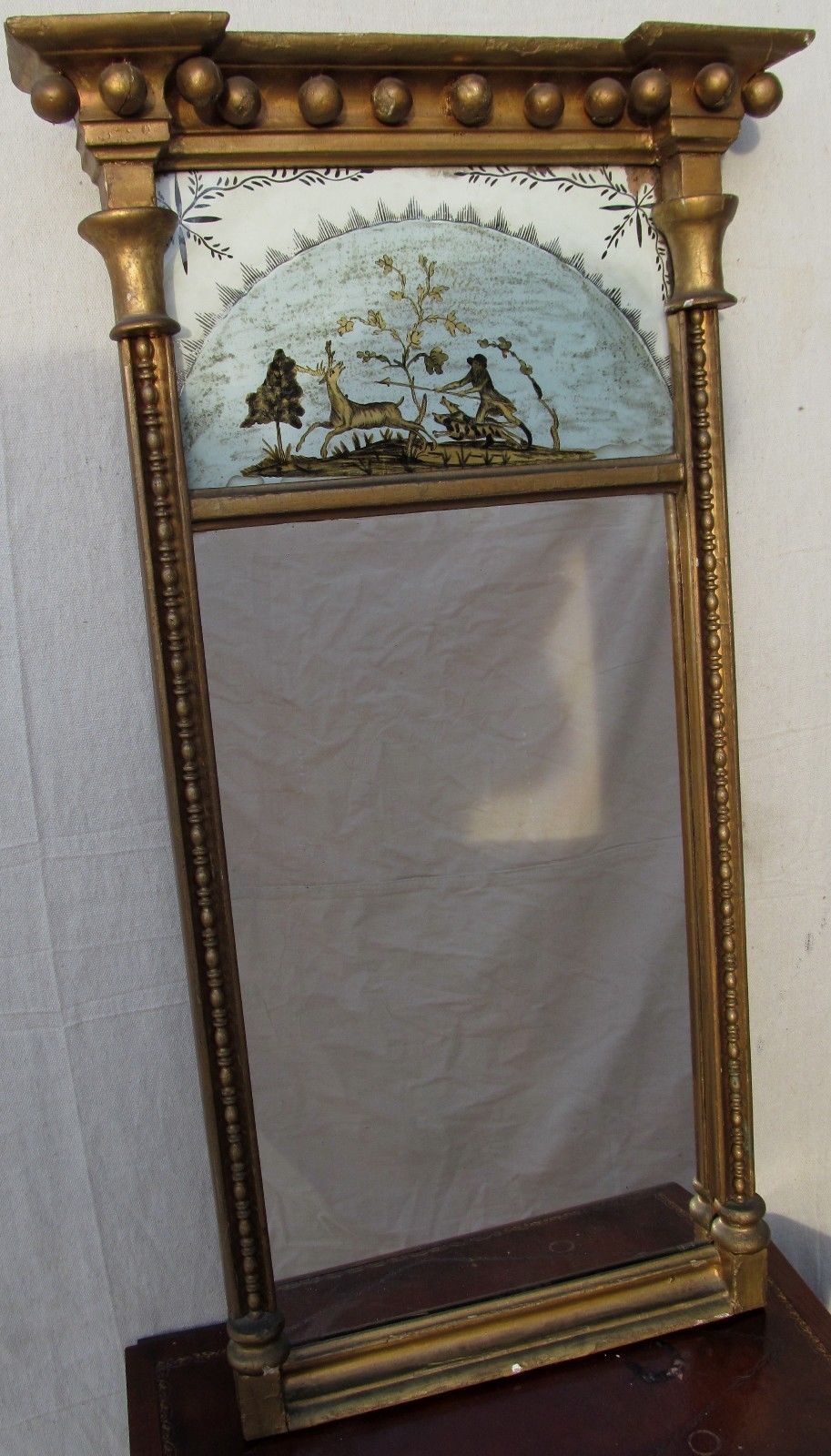 RARE 19TH CENT FEDERAL EGLOMISE PIER MIRROR W/HUNTING SCENE-SUPERIOR SPECIMEN