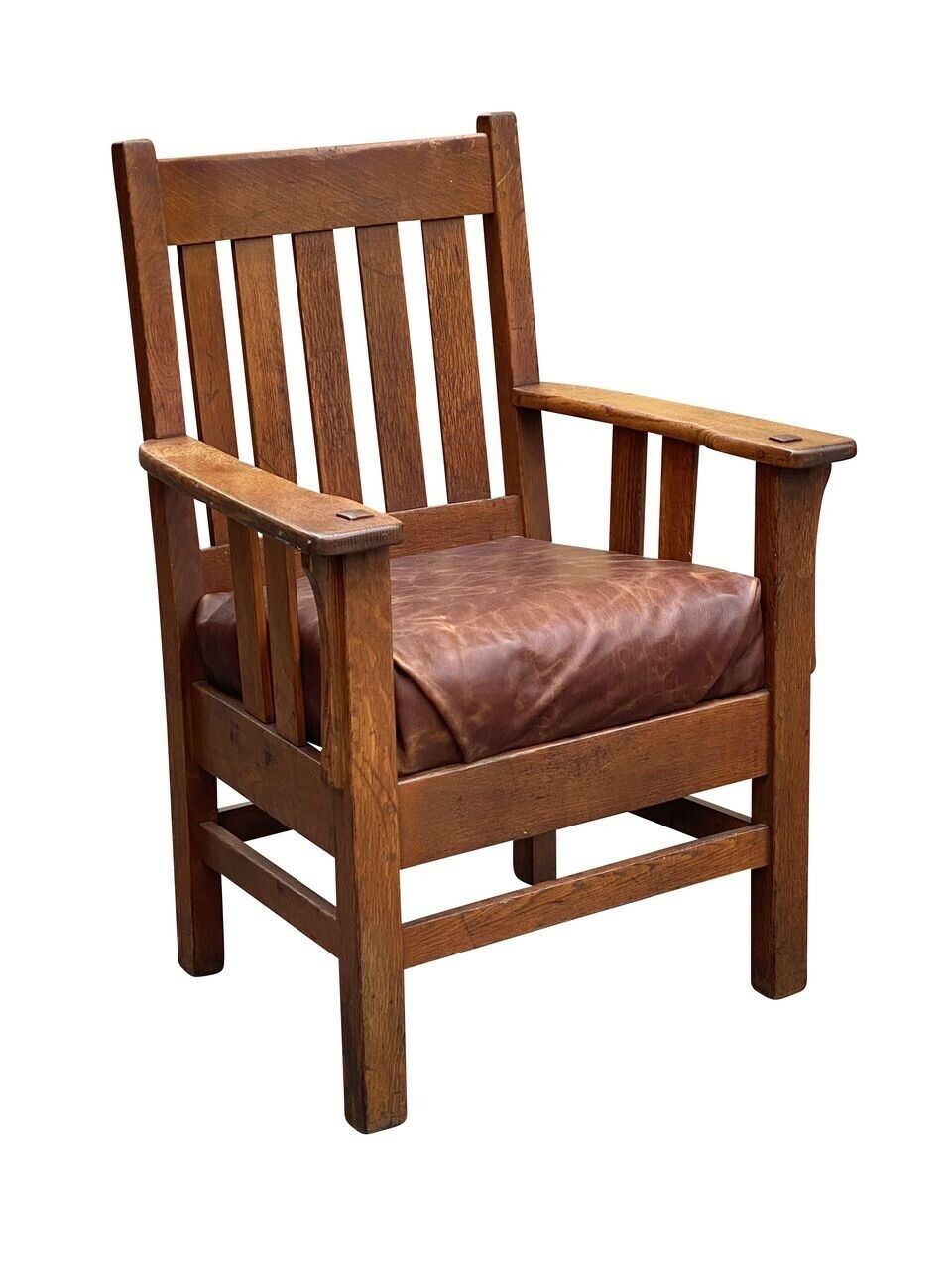 Antique Arts & Crafts / Mission Oak JM Young Arm Chair W/ Leather Seat