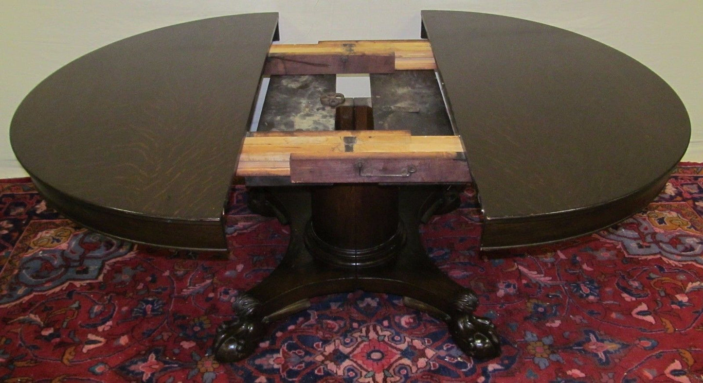 VICTORIAN SOLID TIGER OAK DINING TABLE ON PEDESTAL TALON LEG CARVED BASE
