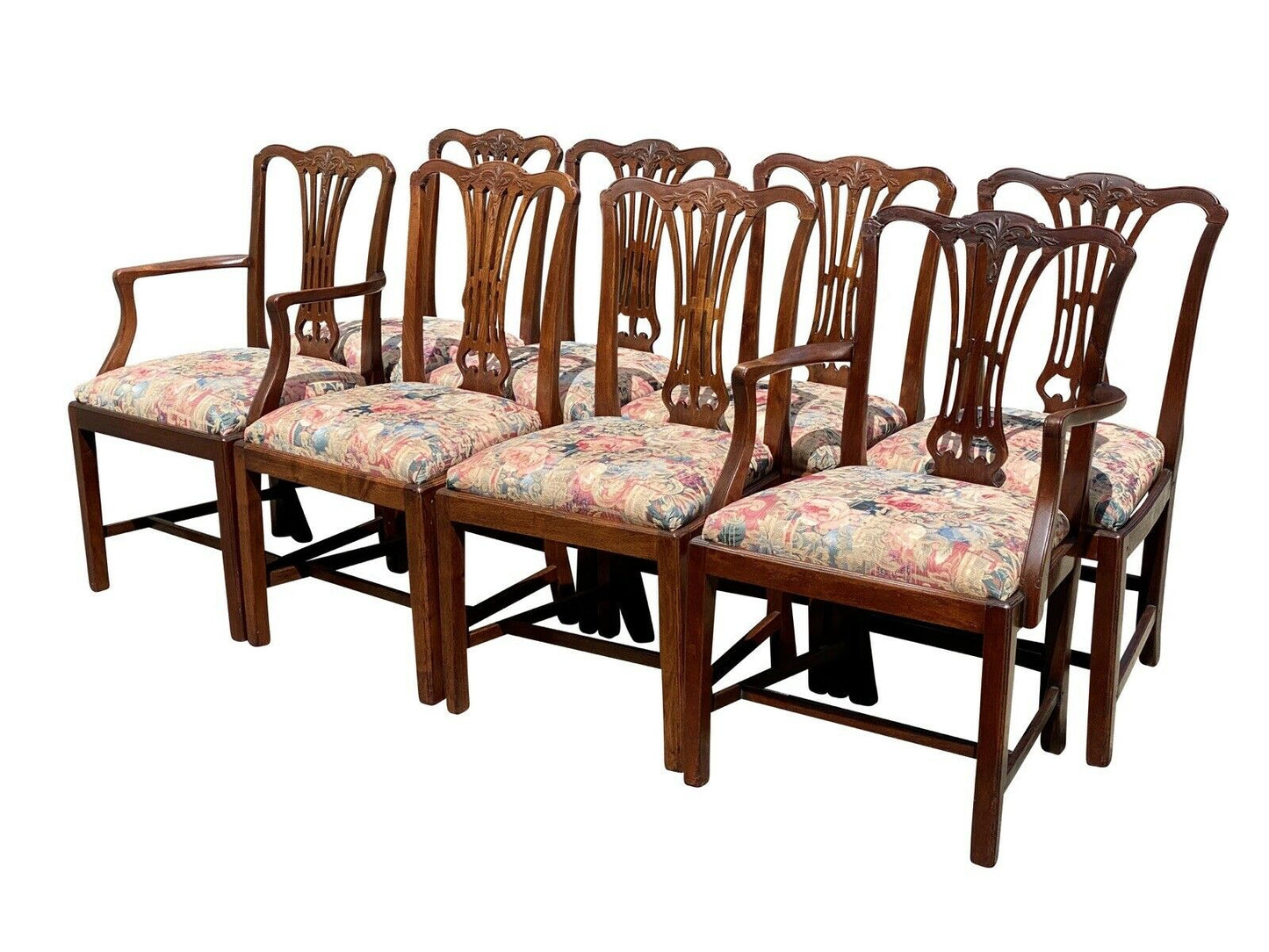19TH C SET OF 8 ANTIQUE MAHOGANY CHIPPENDALE DINING CHAIRS W/ FLORAL SEATS