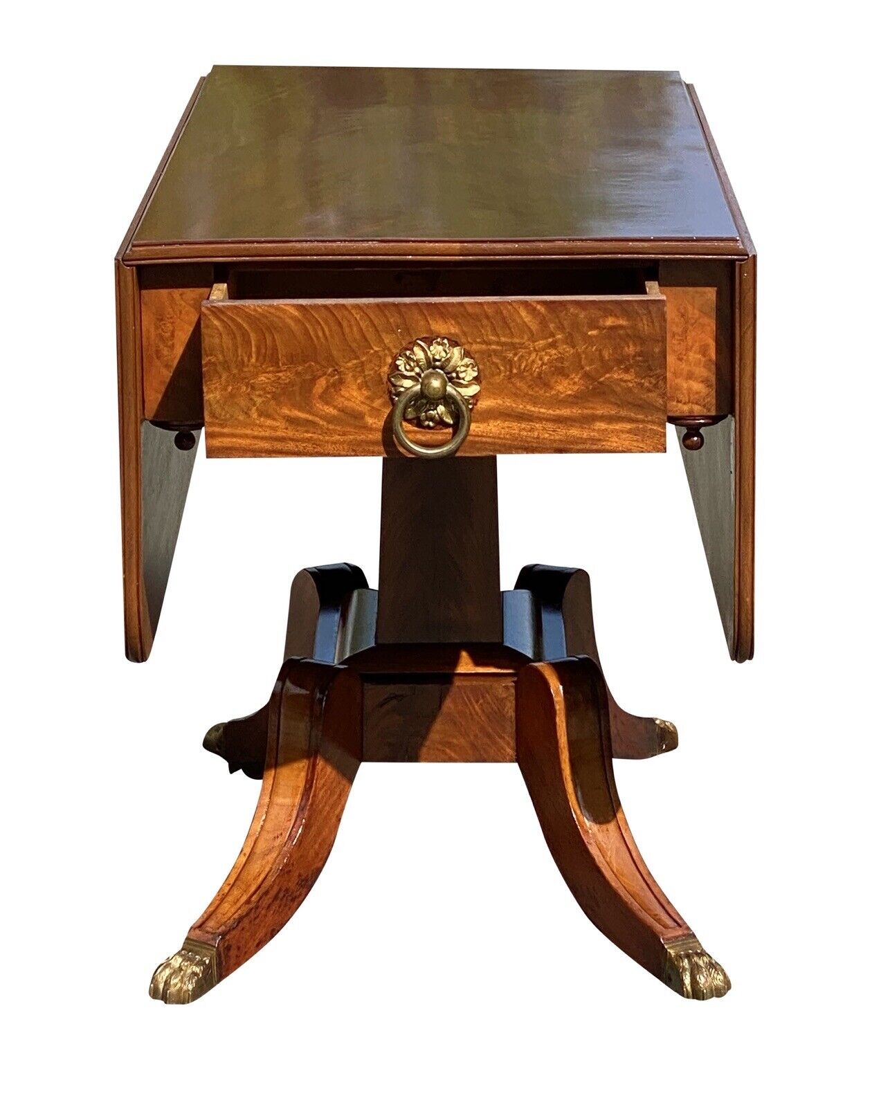 Early 19th Century Federal Mahogany Dropleaf Table With Brass Floral Ring Pulls