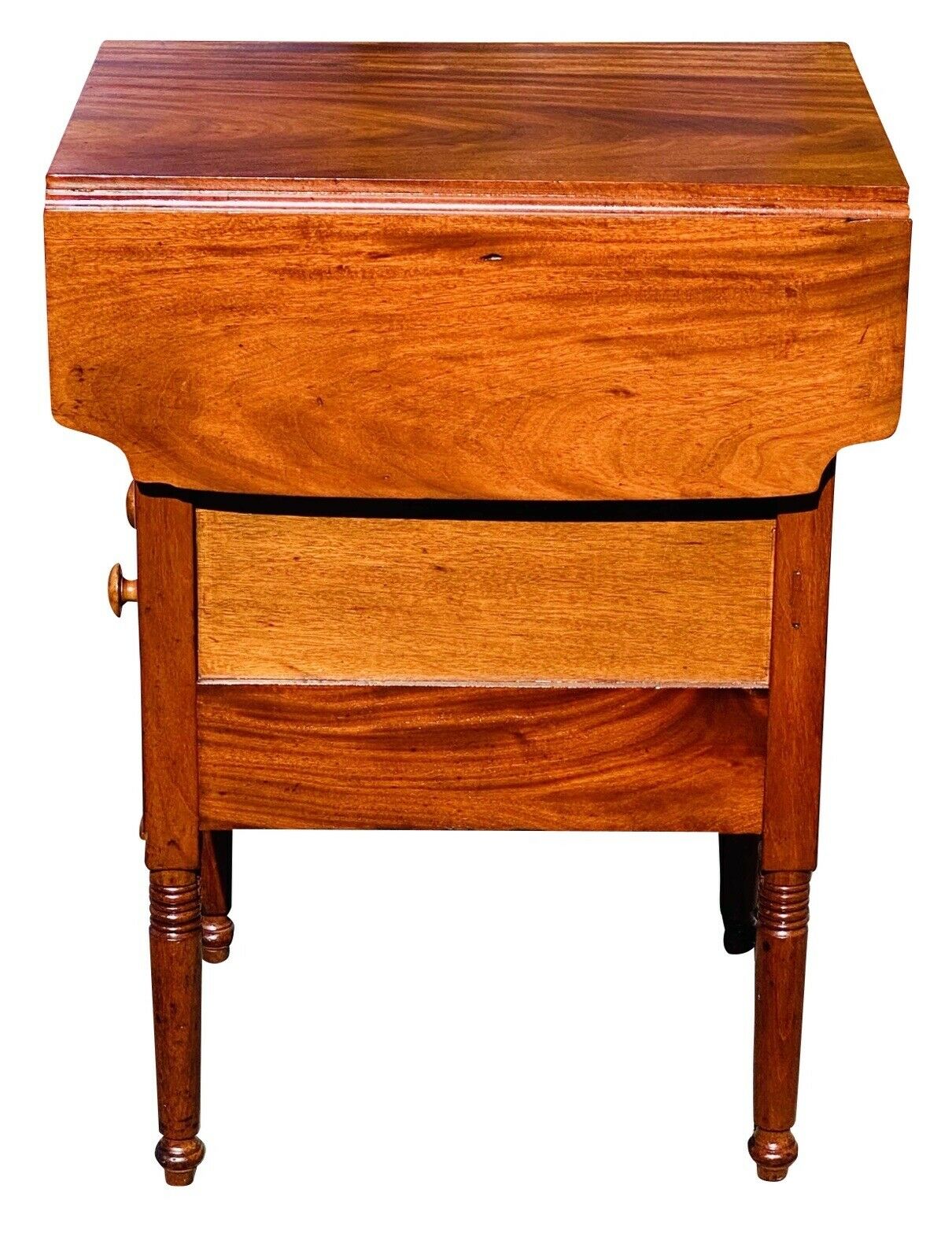 19TH C ANTIQUE SHERATON MAHOGANY MID ATLANTIC DROP LEAF WORK TABLE / NIGHTSTAND