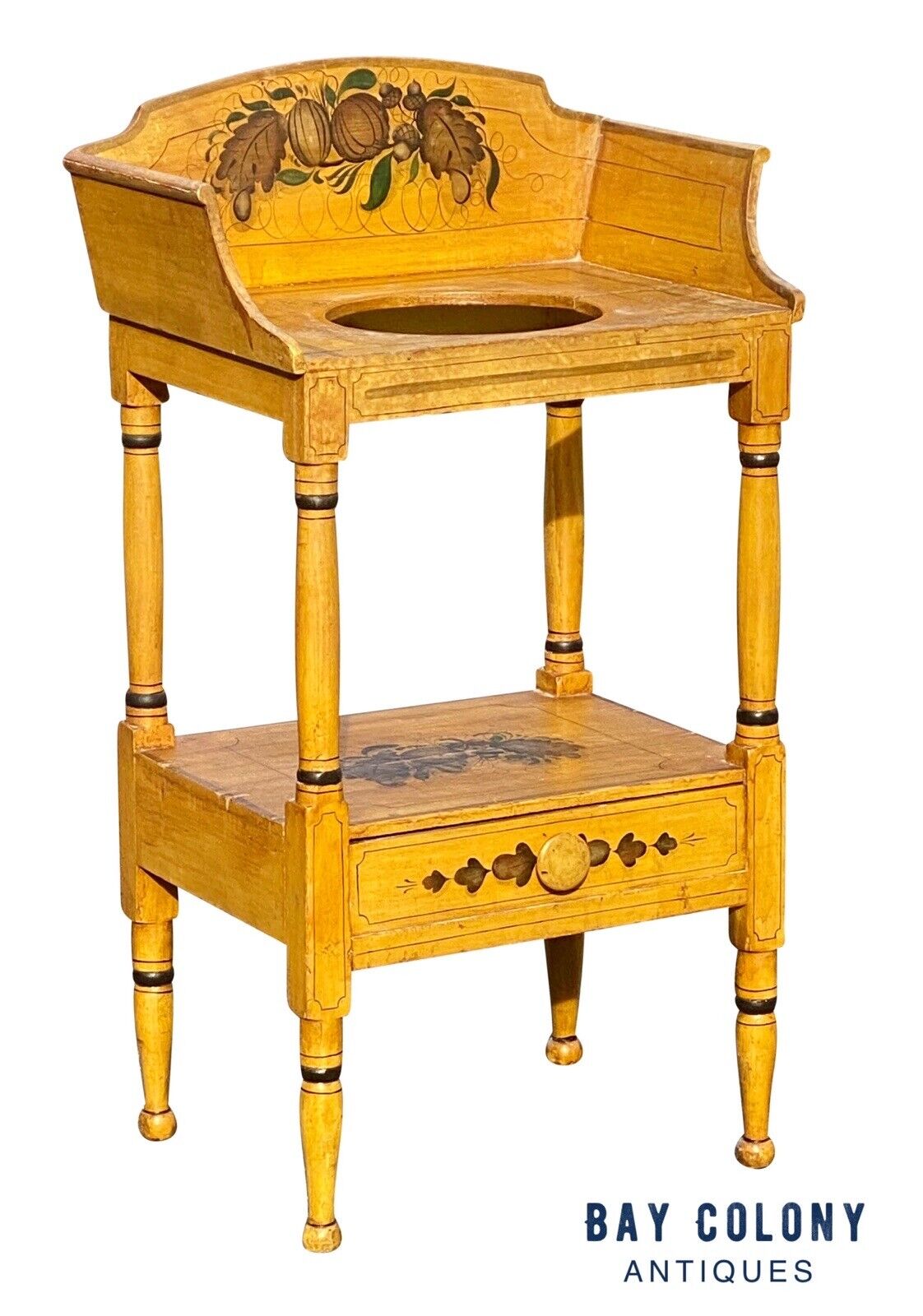 19th C Antique Sheraton Yellow Fancy Paint Washstand With Drawer