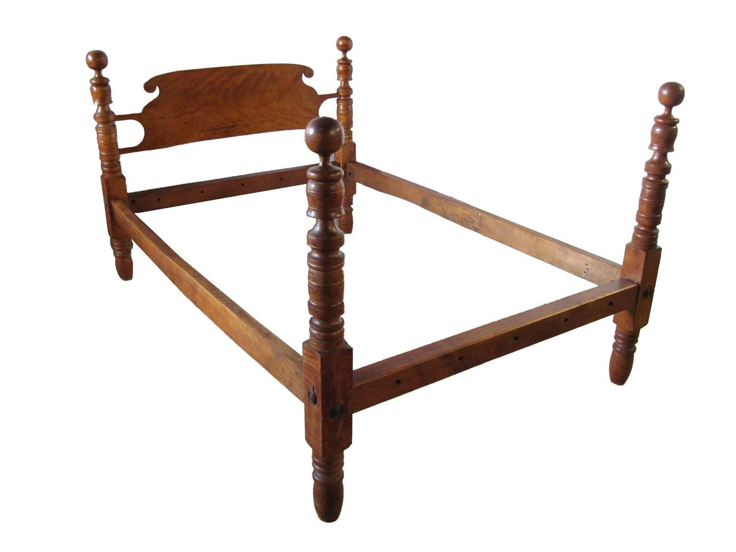 18TH CENTURY SOLID BIRDS EYE MAPLE & FLAME CHERRY 4 POSTER CANNONBALL BED