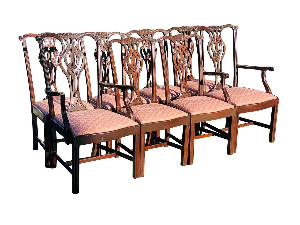 20TH C SET OF 8 CHIPPENDALE ANTIQUE STYLE CARVED MAHOGANY DINING CHAIRS