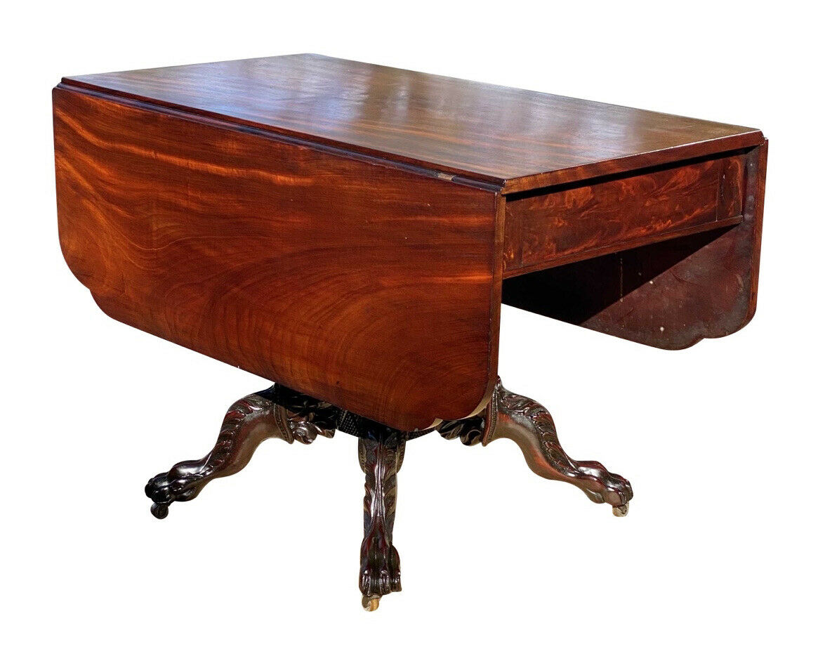 19th C Antique New York Heavily Carved Classical Mahogany Drop Leaf Dining Table