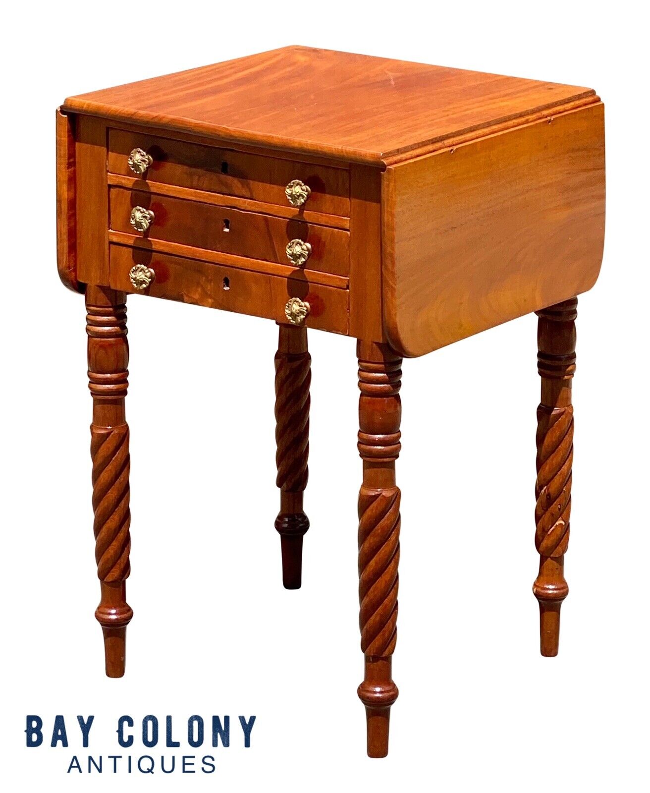 19th C Antique Mahogany 3 Drawer Worktable / Nightstand with Rope Carved Legs
