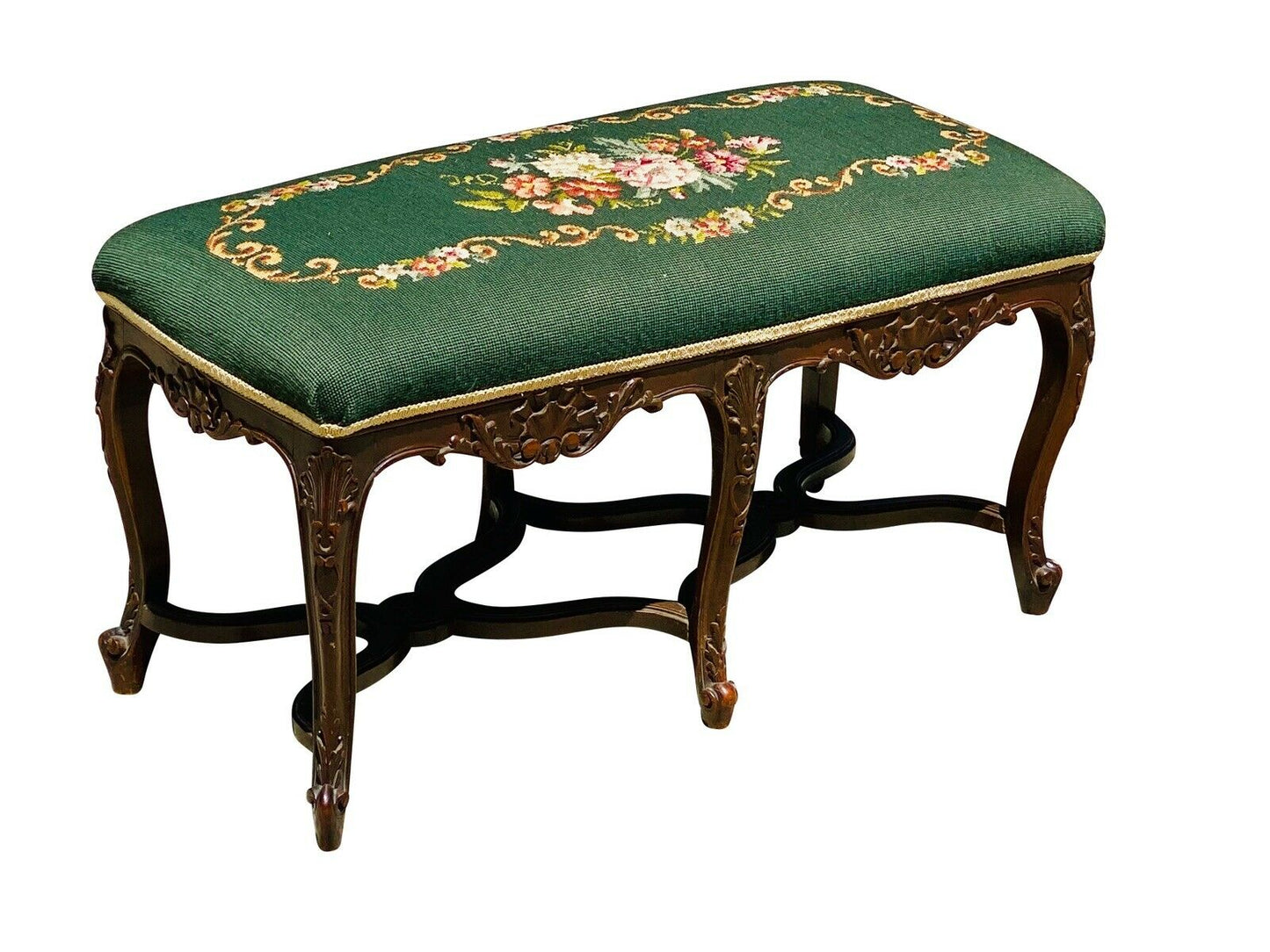 19TH C ANTIQUE FRENCH WALNUT WINDOW / VANITY BENCH W/ FLORAL NEEDLEPOINT SEAT