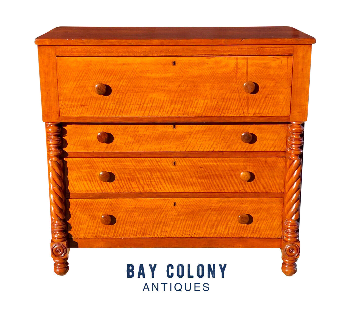 19th C Antique Sheraton Cherry & Tiger Maple Chest of Drawers / Dresser