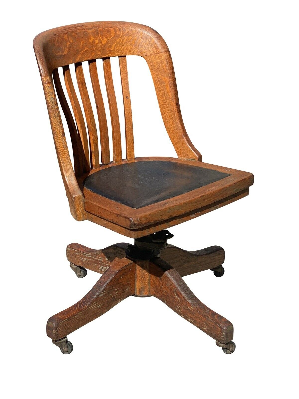 19TH C ANTIQUE VICTORIAN TIGER OAK SWIVEL OFFICE DESK CHAIR W/ LEATHER SEAT