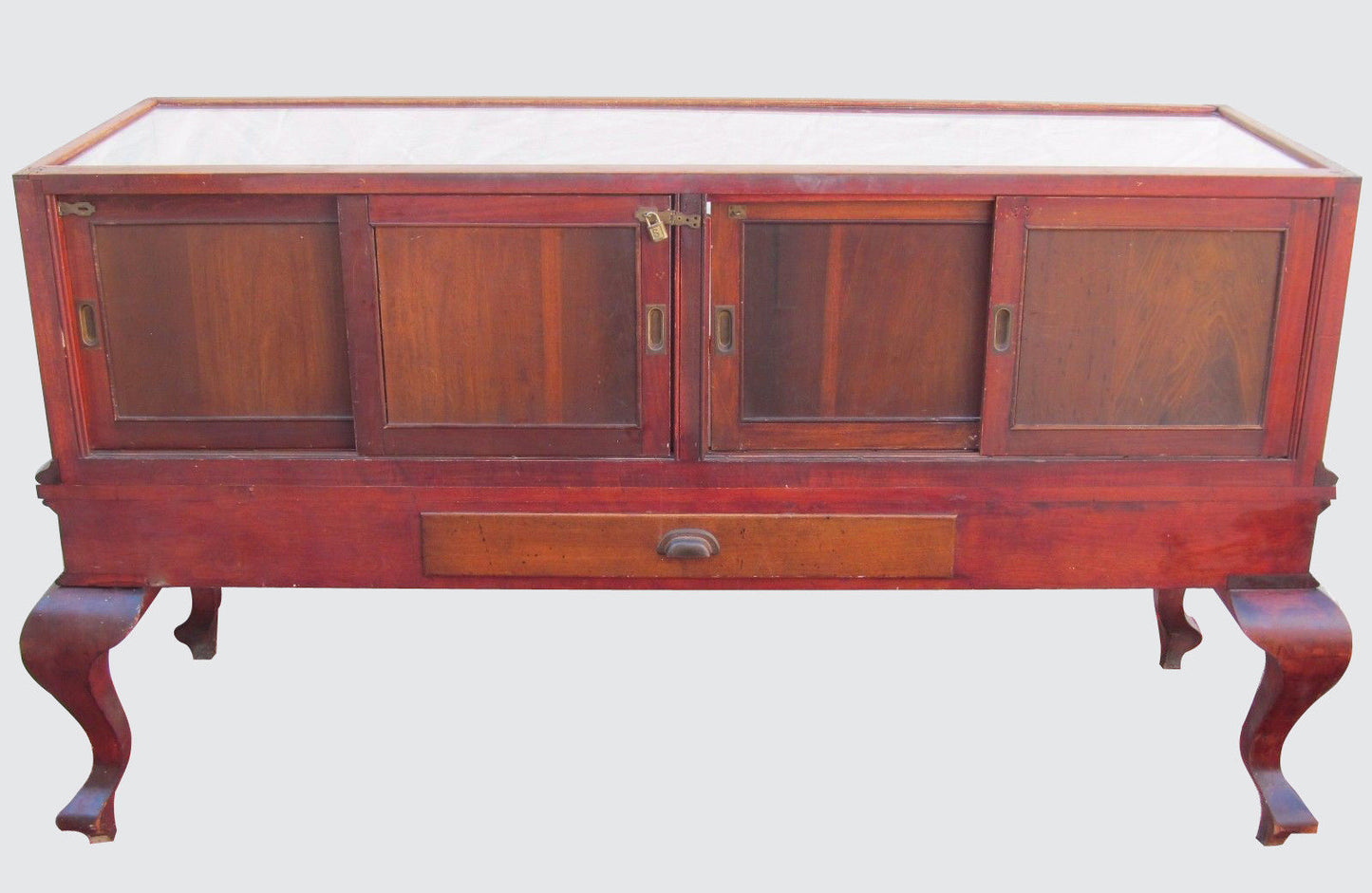 FANCY VICTORIAN BIRCH DISPLAY CASE ON TALL CABRIOLET LEGS