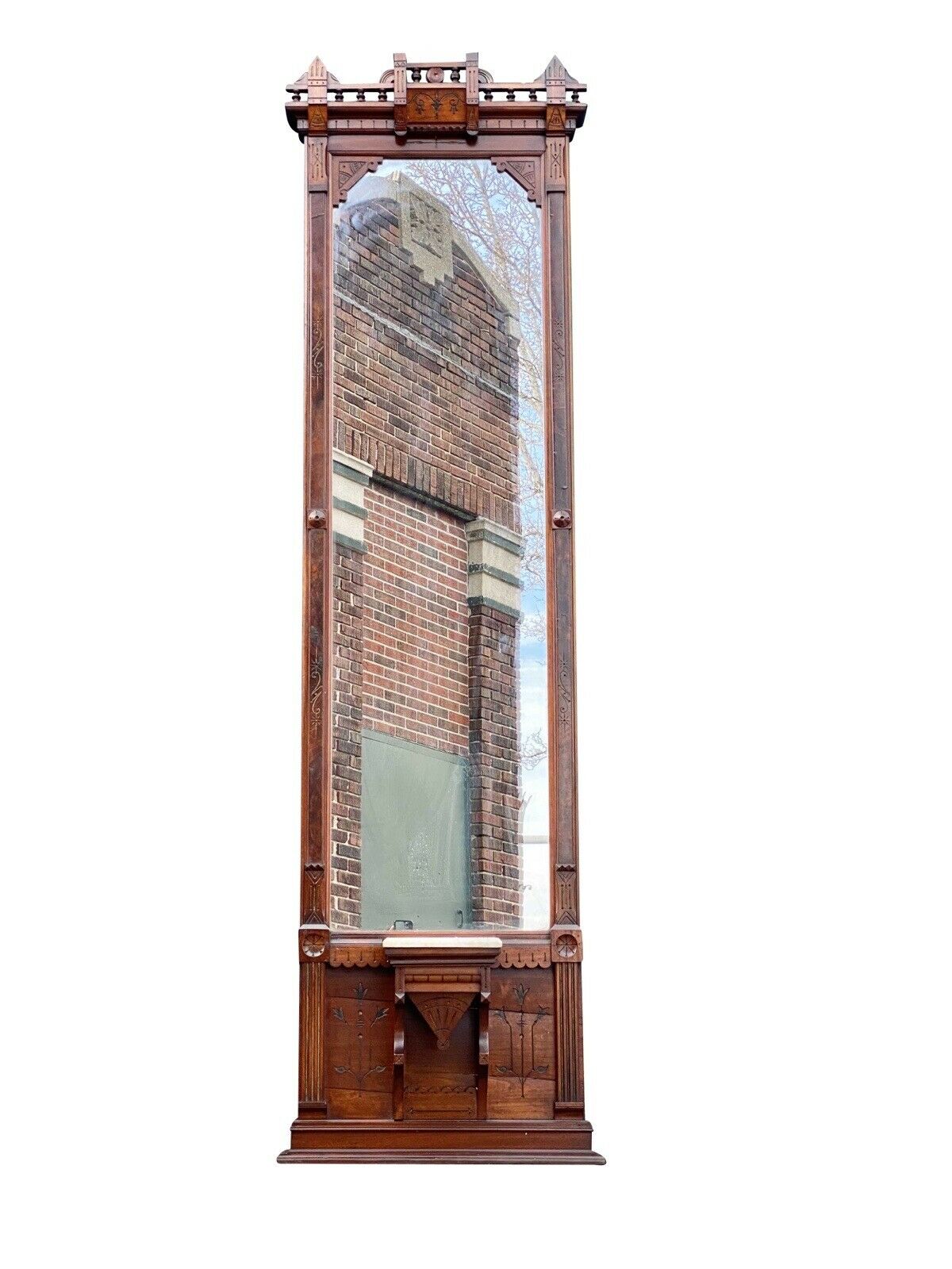 19th C Antique Large Victorian Walnut Pier Mirror / Hall Tree --- 8' 4" Tall