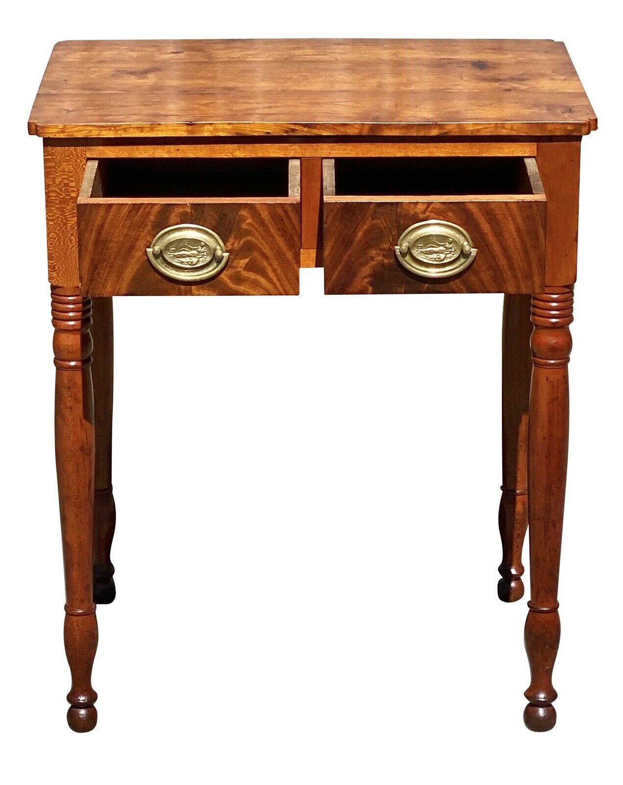 19th C Antique Sheraton Mahogany 2 Drawer Work Table / Nightstand