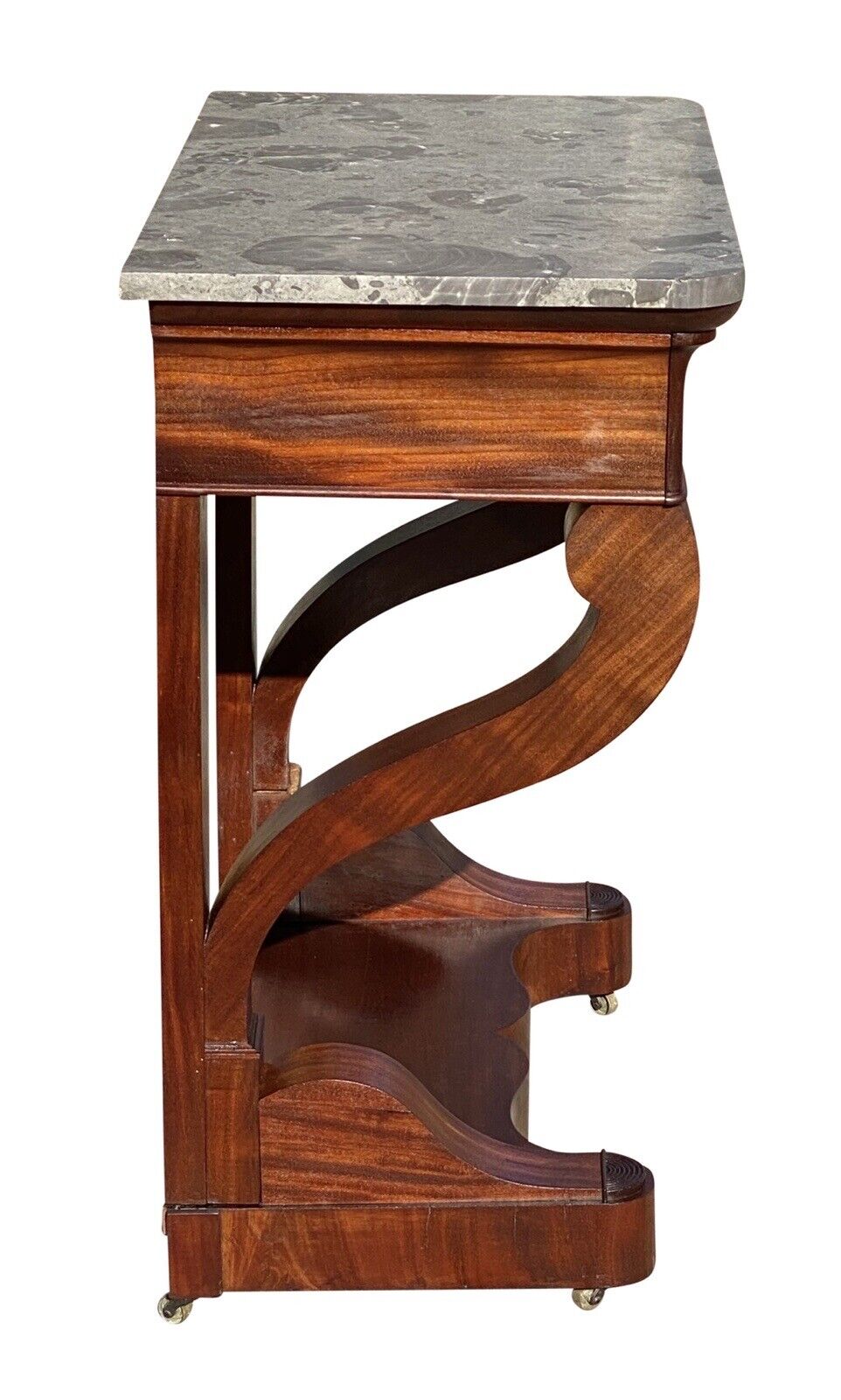 19th C Narrow Antique French Empire Mahogany Console Table With Granite Top