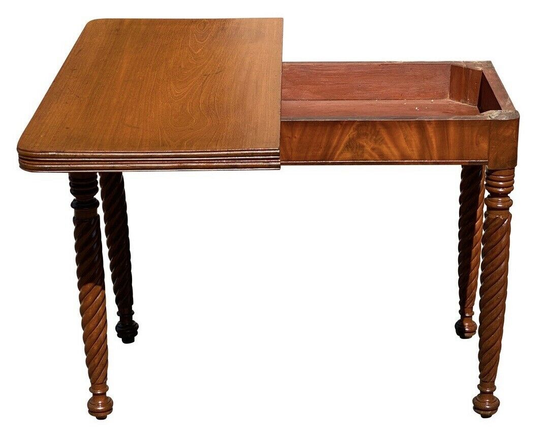 19TH C ANTIQUE SHERATON MAHOGANY ROPE LEG GAME TABLE / CARD TABLE