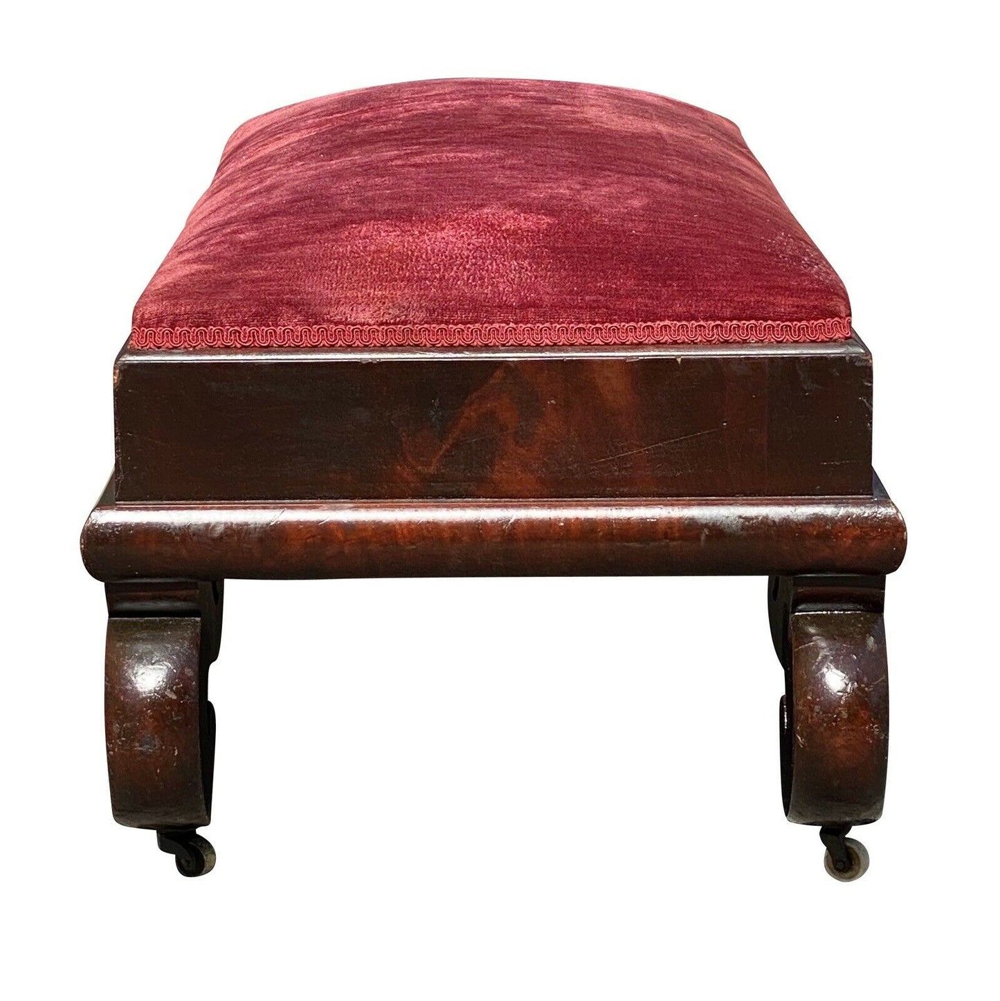 19th C Antique American Empire Mahogany Vanity Bench W/ Red Velvet Seat