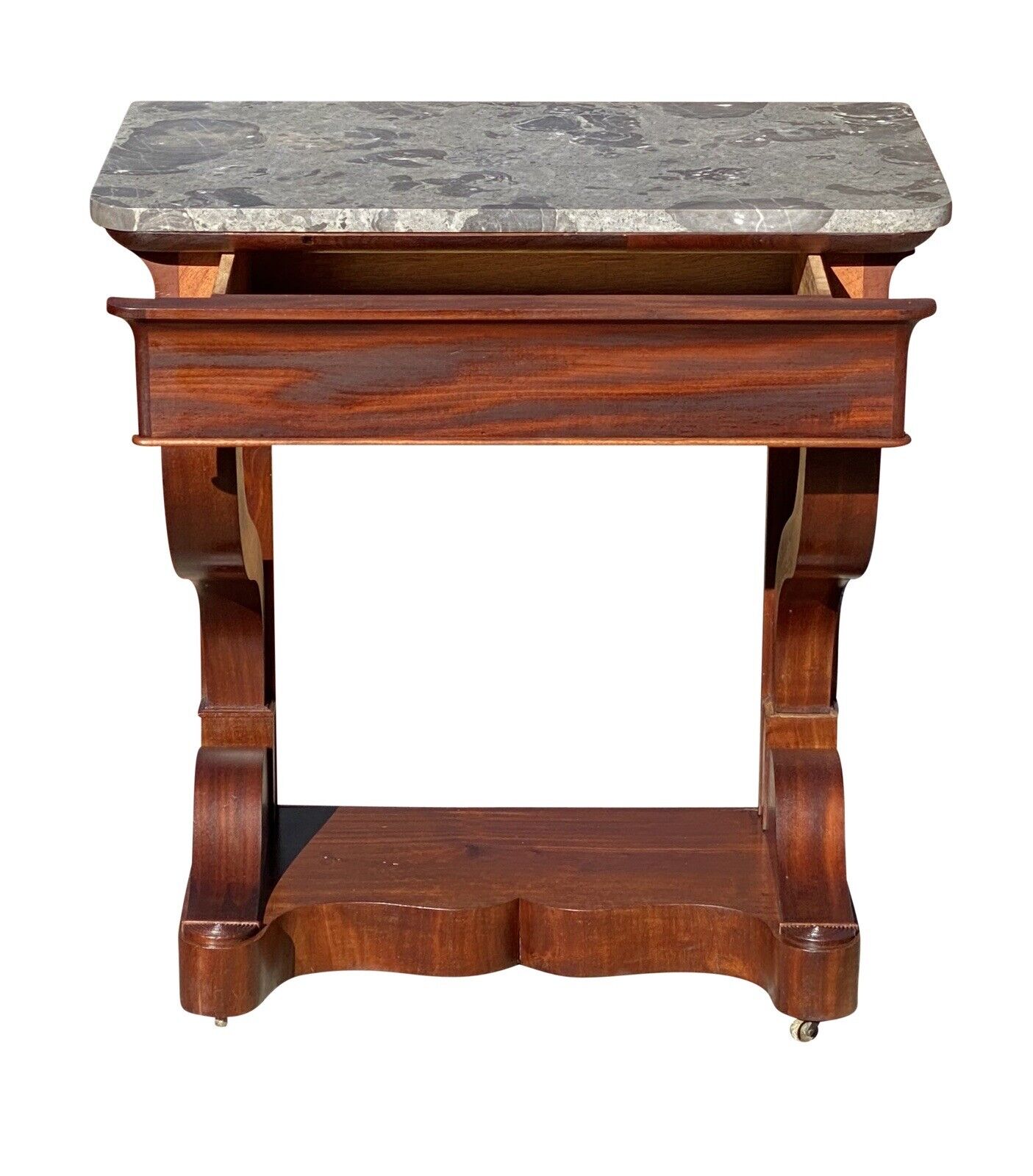 19th C Narrow Antique French Empire Mahogany Console Table With Granite Top