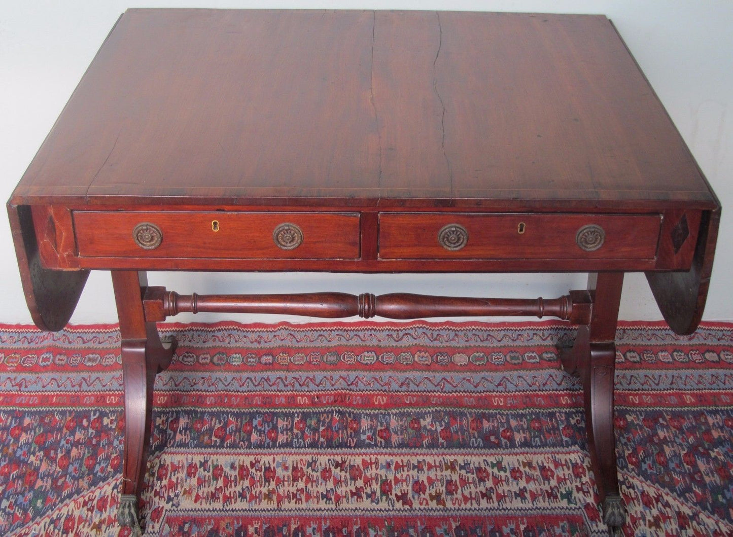 18thC REGENCY PERIOD MAHOGANY W/ ROSEWOOD & EBONY CROSS BANDED INLAID SOFA TABLE