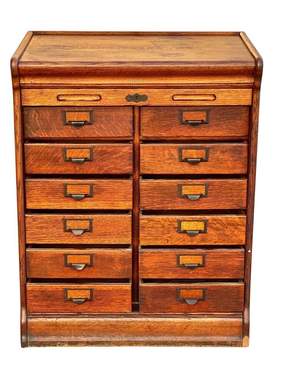 19TH C ANTIQUE TIGER OAK GLOBE 12 DRAWER TAMBOUR OFFICE FILE CABINET