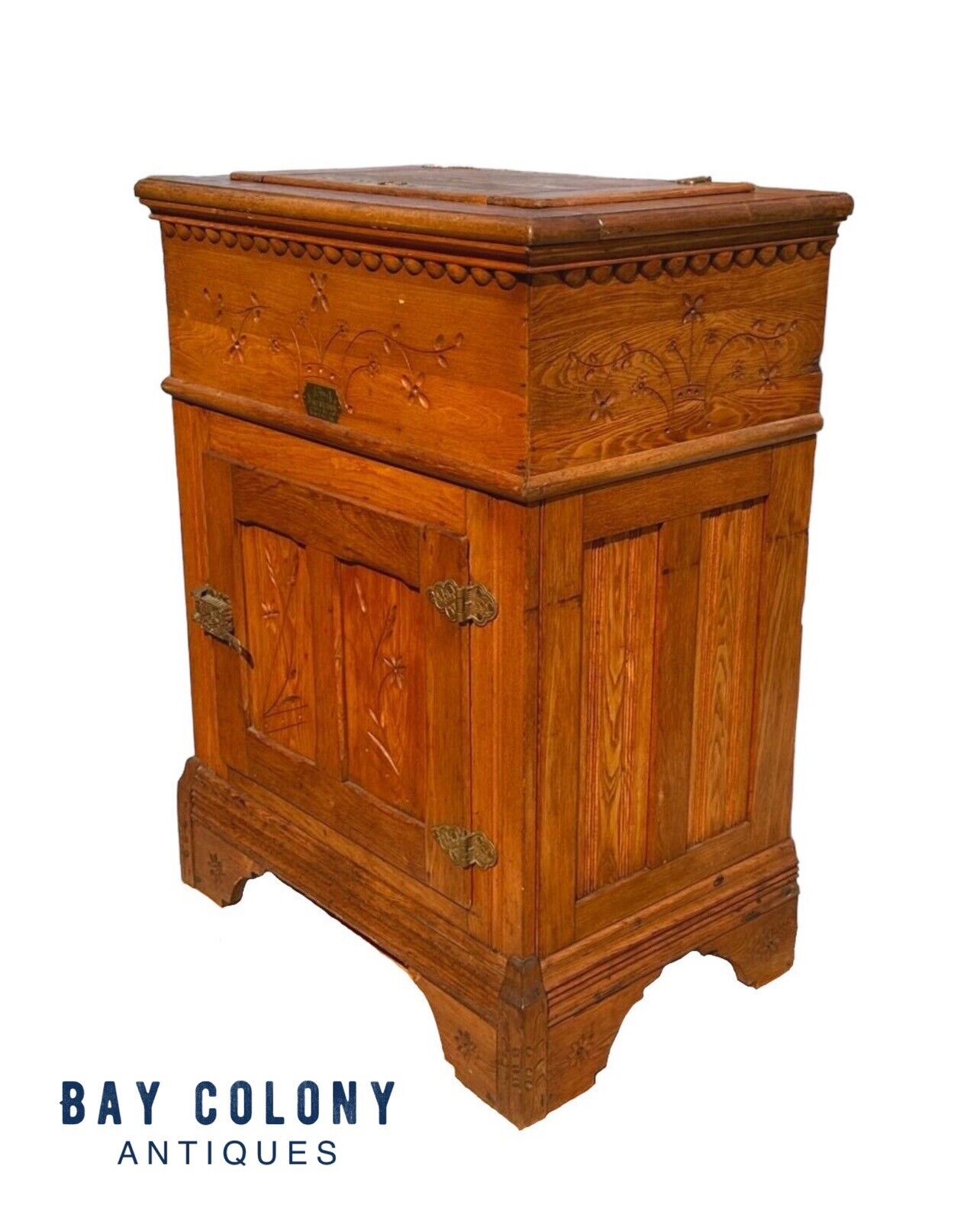 Victorian Oak Floral Carved Ice Chest With Zinc Lining & Phoenix Head Hardware