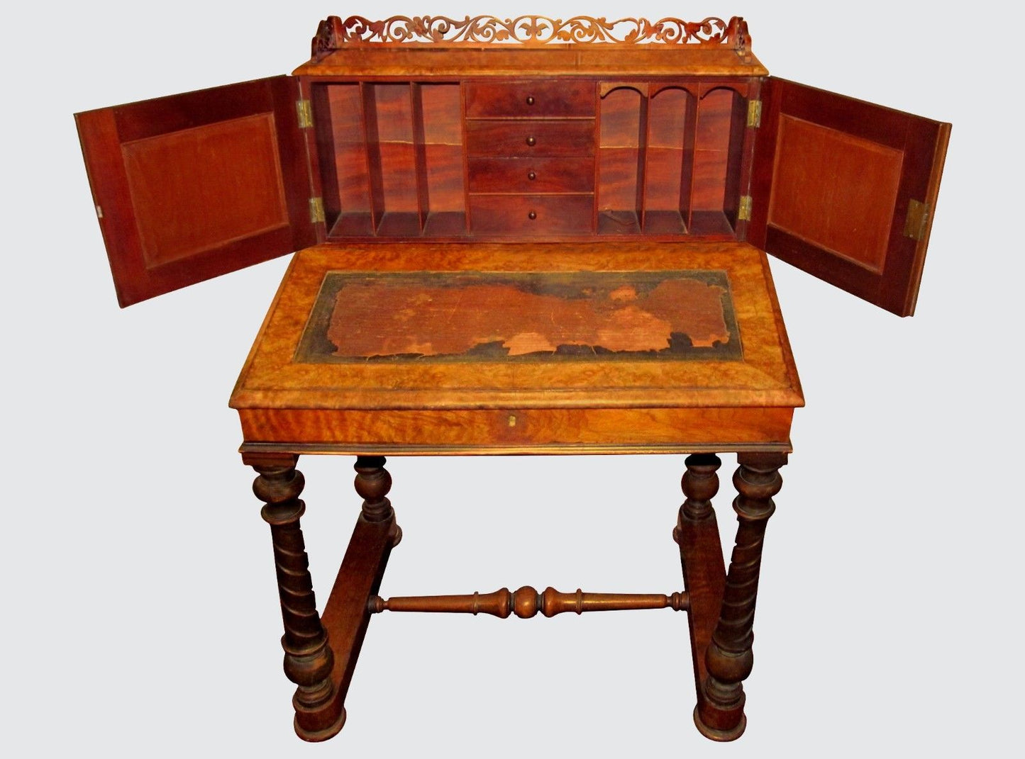 VICTORIAN BURLED WALNUT LADIES DESK W/ SHORT SECRETARY & PIERCED GALLERY