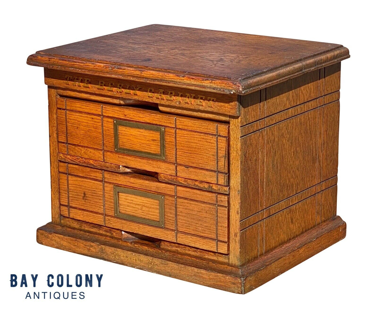 20th C Antique Industrial Oak 2 Drawer Desktop Brown & Besly Letter File Cabinet