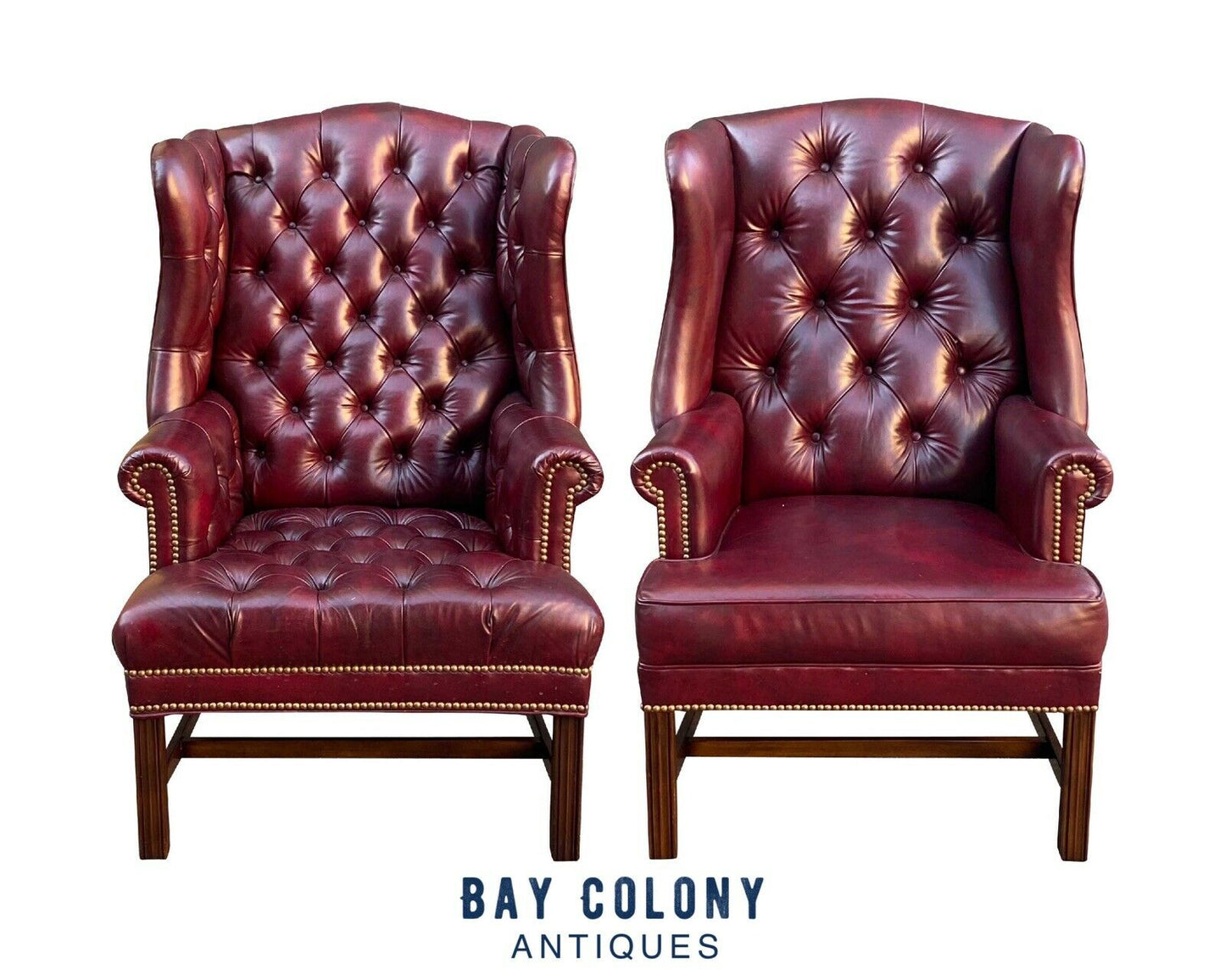 20th C Chippendale Antique Style Pair Of Tufted Red Leather Wing Back Arm Chairs