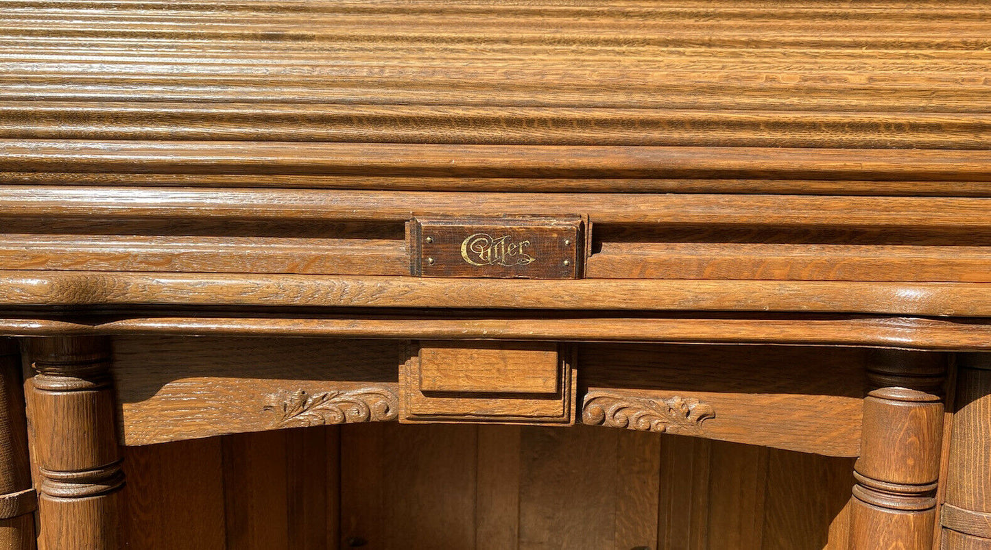 19TH C ANTIQUE VICTORIAN CUTLER DESK COMPANY TIGER OAK S CURVE ROLL TOP DESK