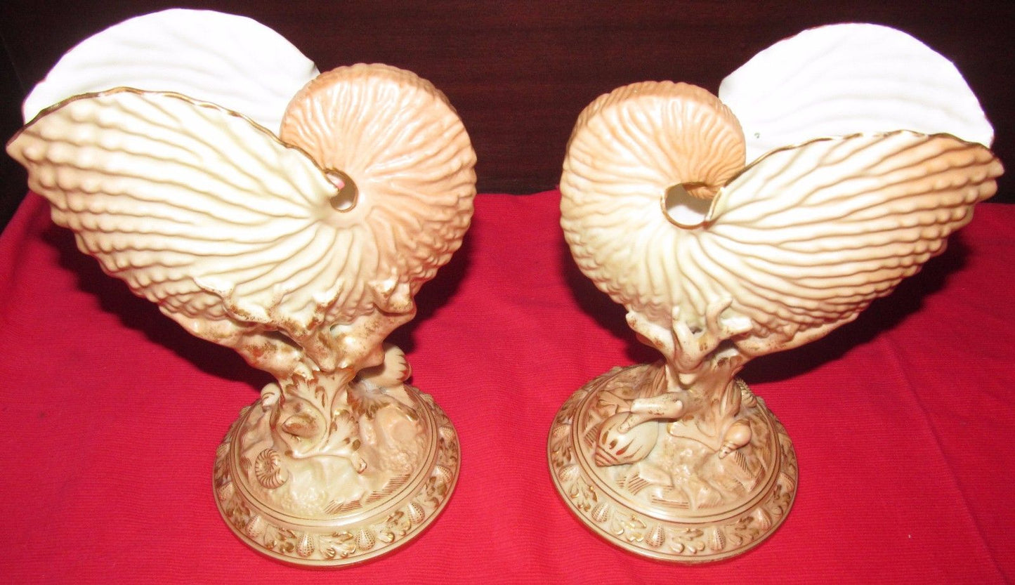 PAIR OF ANTIQUE ROYAL WORCESTER NAUTILUS SHELL FORMED VASES